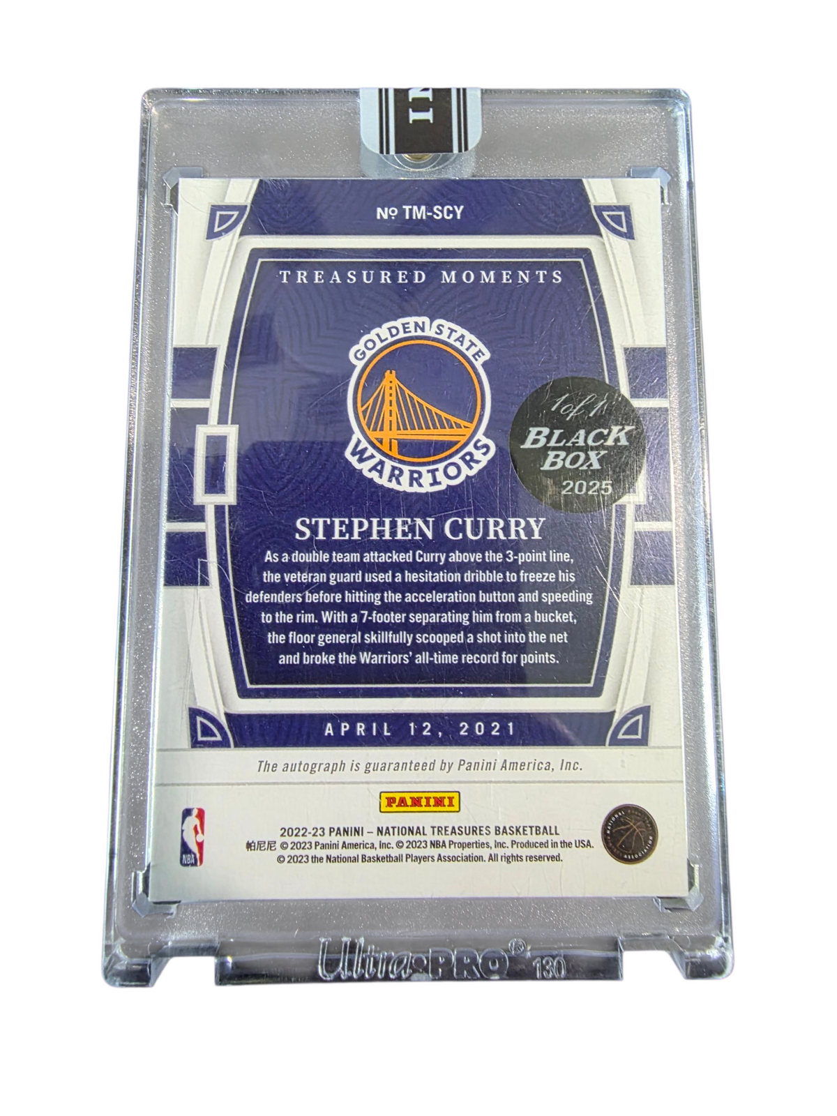 2023 2022-23 Panini National Treasured Stephen Curry #TM-SCY Black Box 1/1 Auto