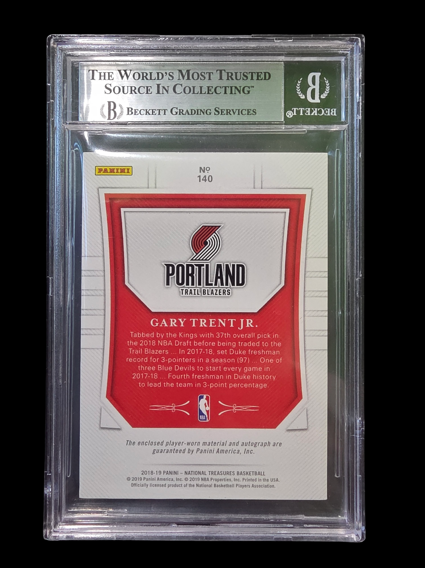 2018 Panini National Treasures Gold Gary Trent Jr. JSY #140 BGS 9 Auto 9