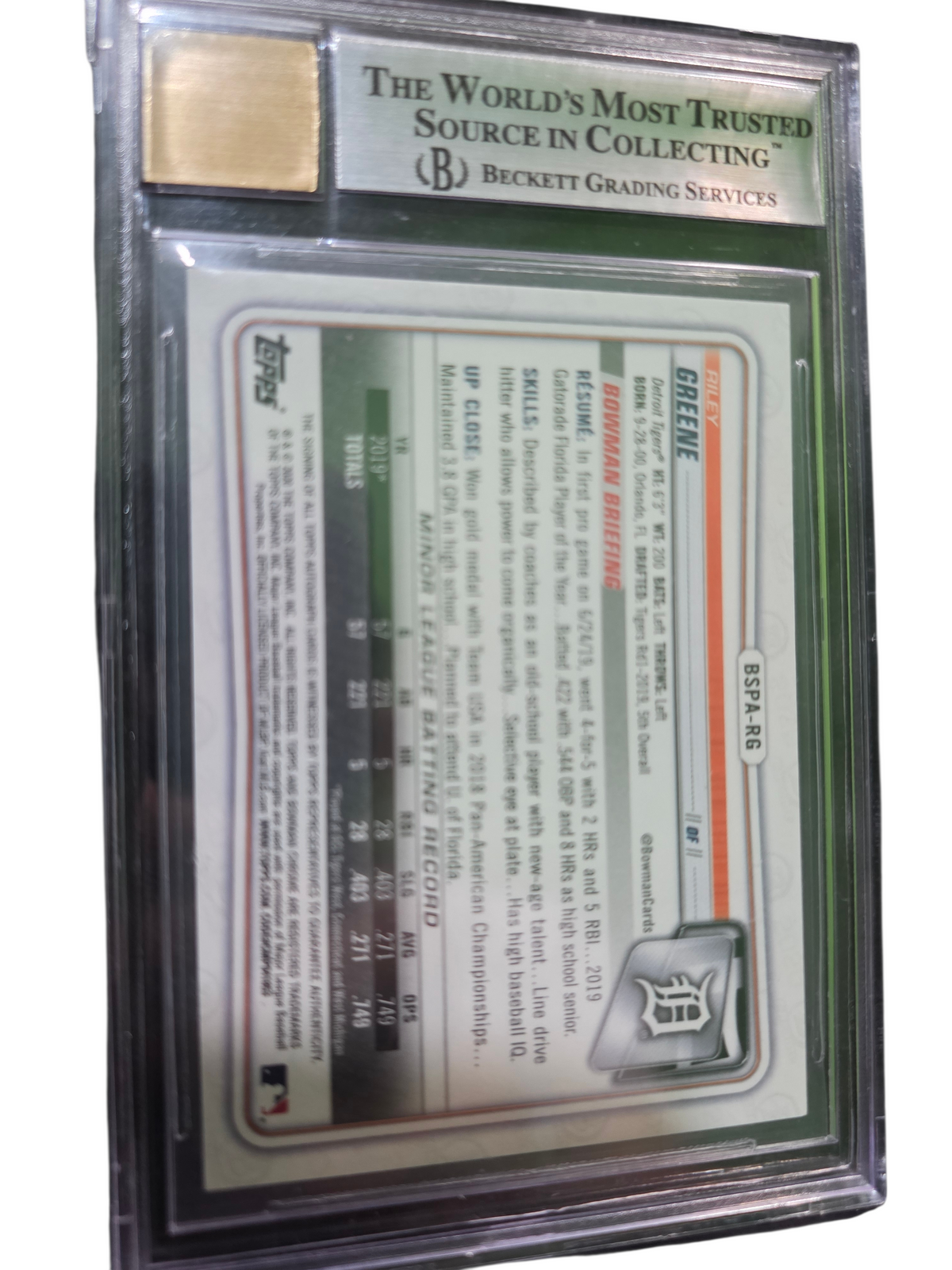 2020 Bowman Chrome Sapphire Prospect Autographs Riley Greene BGS 9 Auto 10