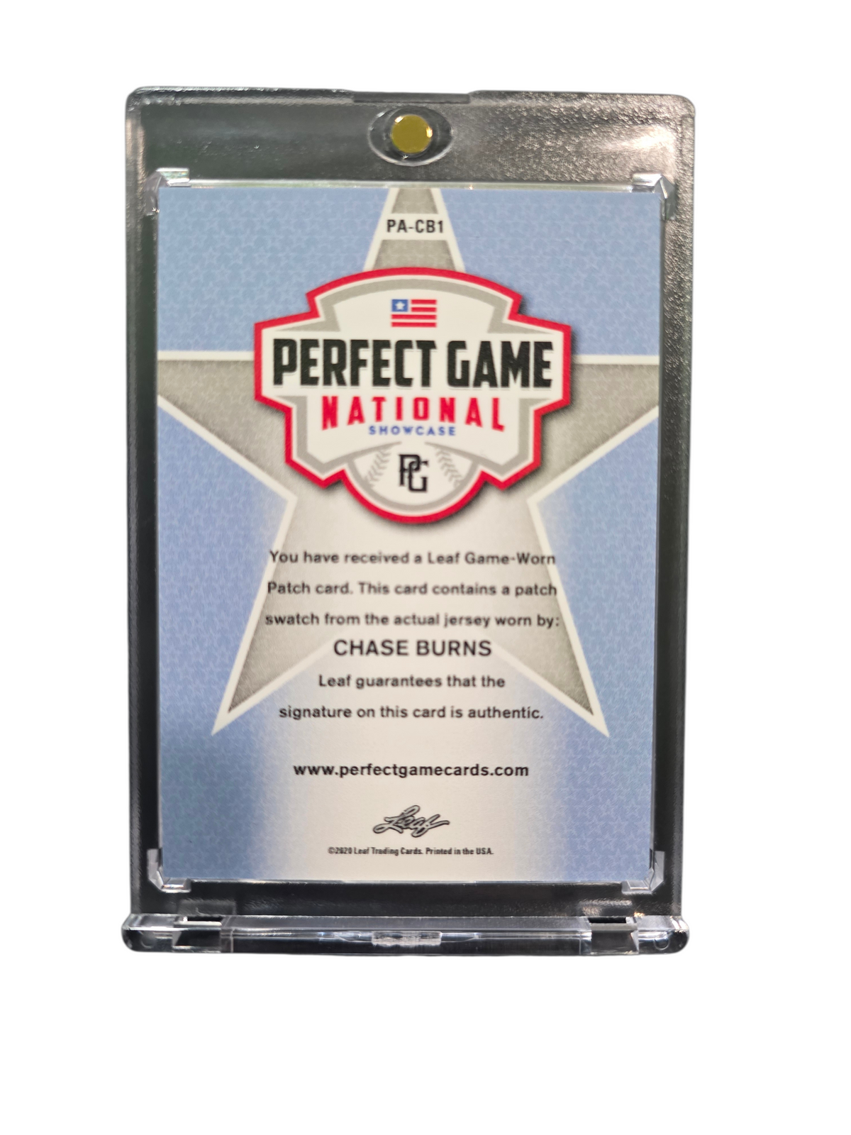 2021 Leaf Perfect Game National Showcase Chase Burns #PA-CB1 Game-Worn Patch
