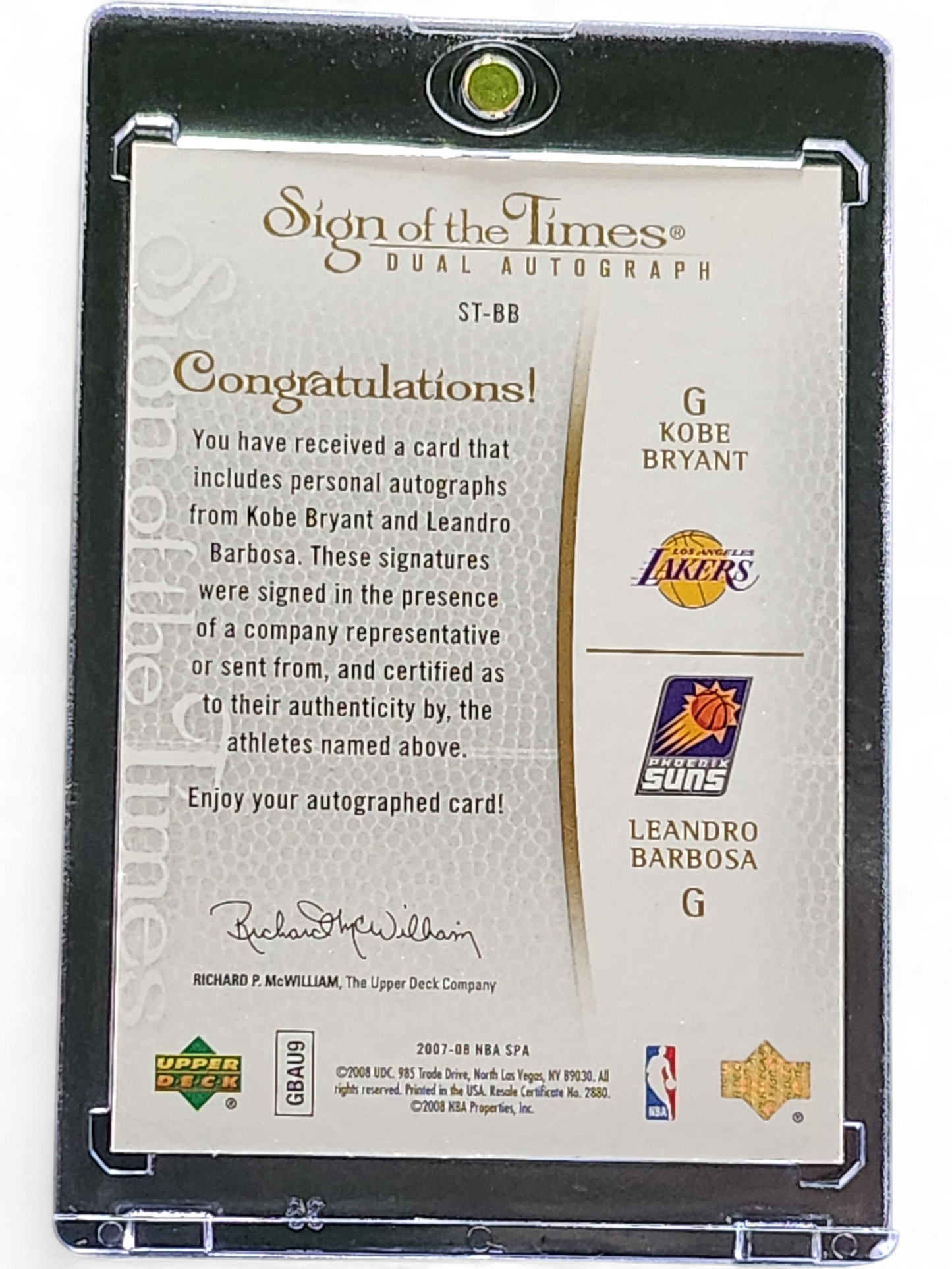 2008 Upper Deck SP Authentic Dual Auto Leandro Barbosa Kobe Bryant #ST-BB 01/10