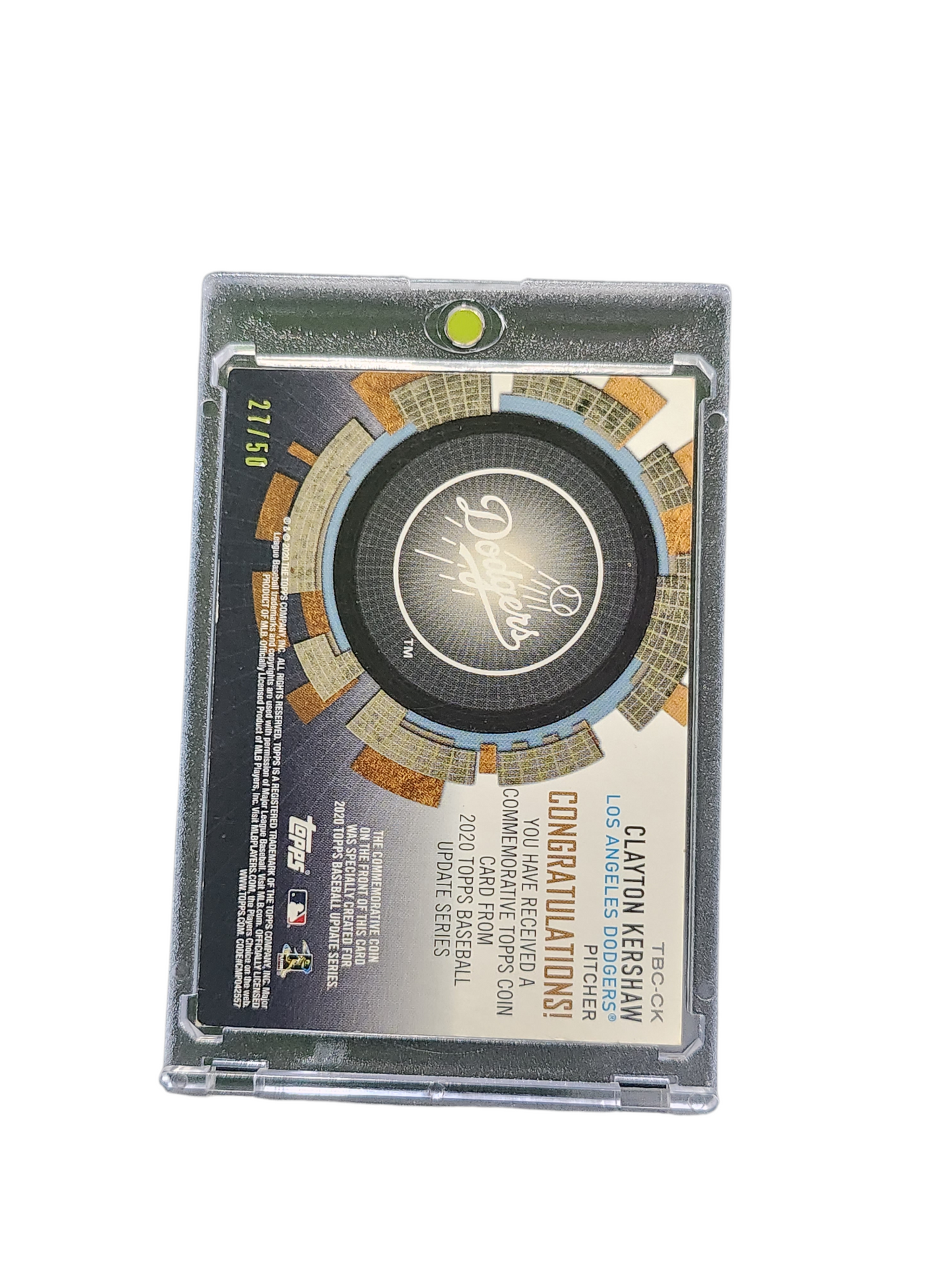 2020 Topps Update Series Clayton Kershaw #TBC-CK Commemorative Coin 27/50
