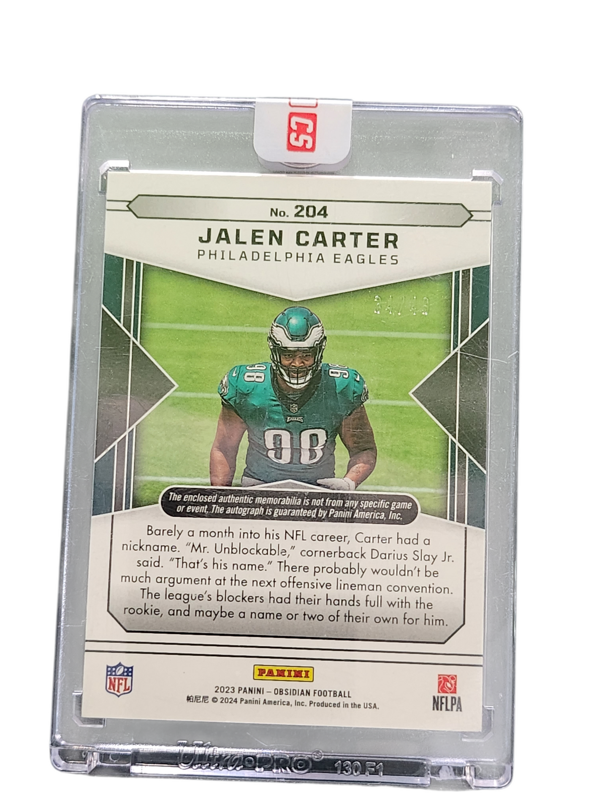 2024 Panini Obsidian Football Jalen Carter #204 RC Patch