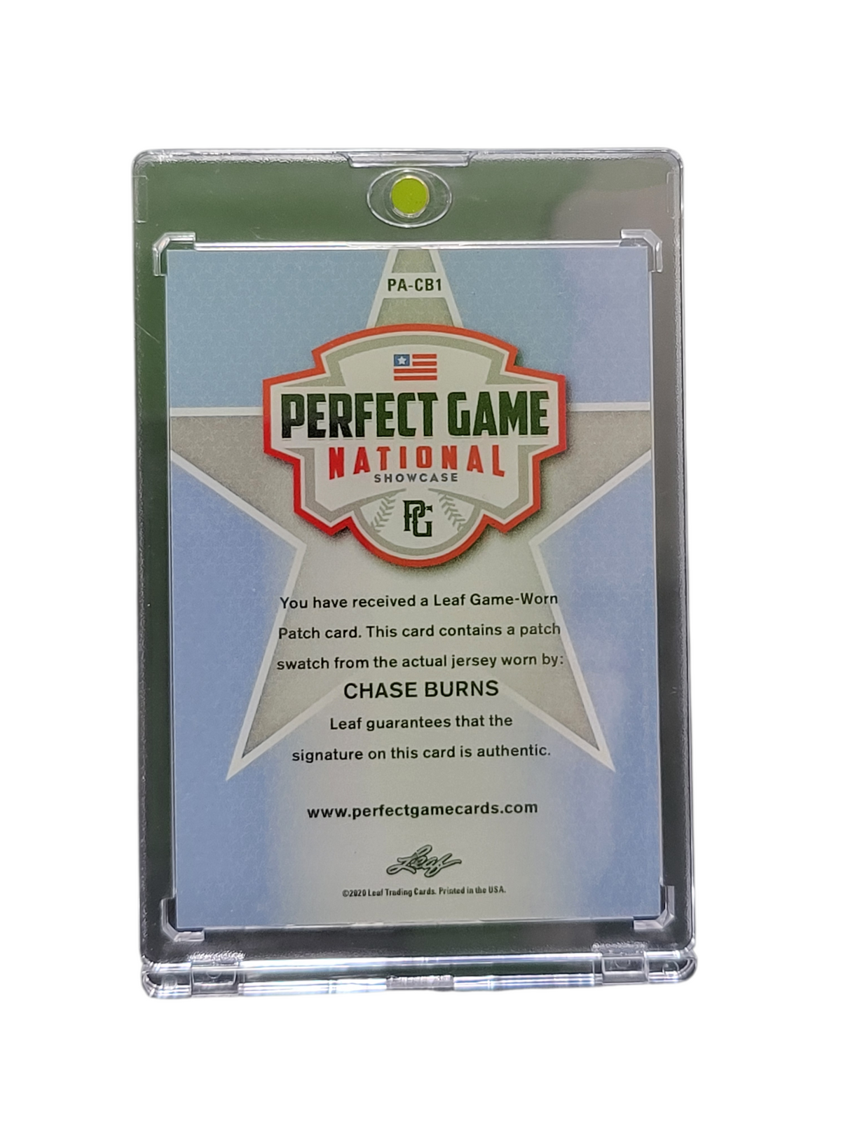 2023 Leaf Perfect Game Showcase Chase Burns #PA-CB1 Green Auto Patch /25