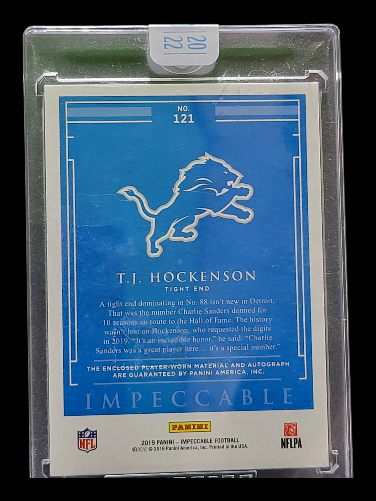 2019 Panini Elegance T.J. Hockenson #121 Dual Patch Player-Worn 1/2 RC