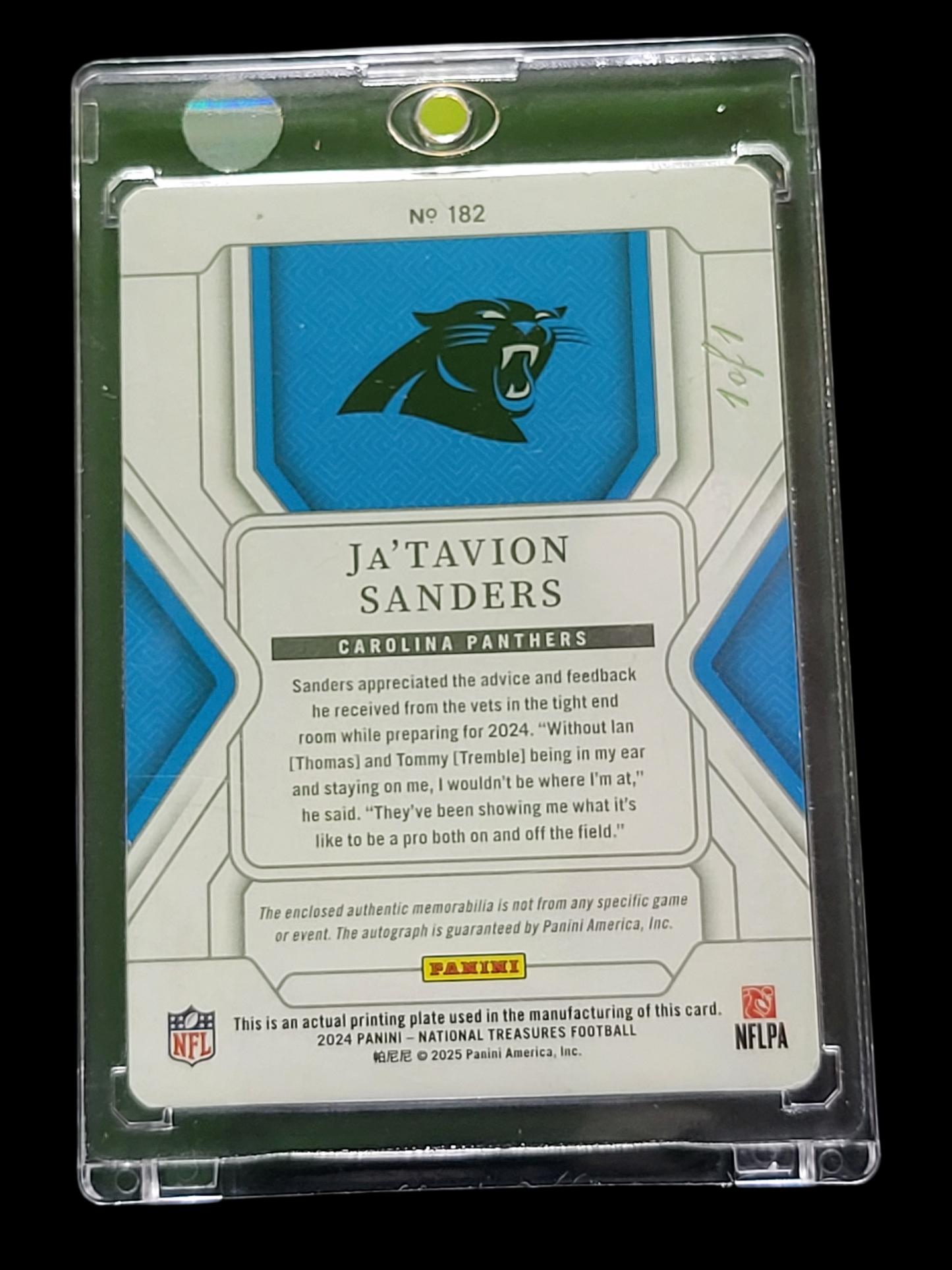 2025 Panini National Ja'Tavion Sanders #182 Yellow Printing Plate Patch