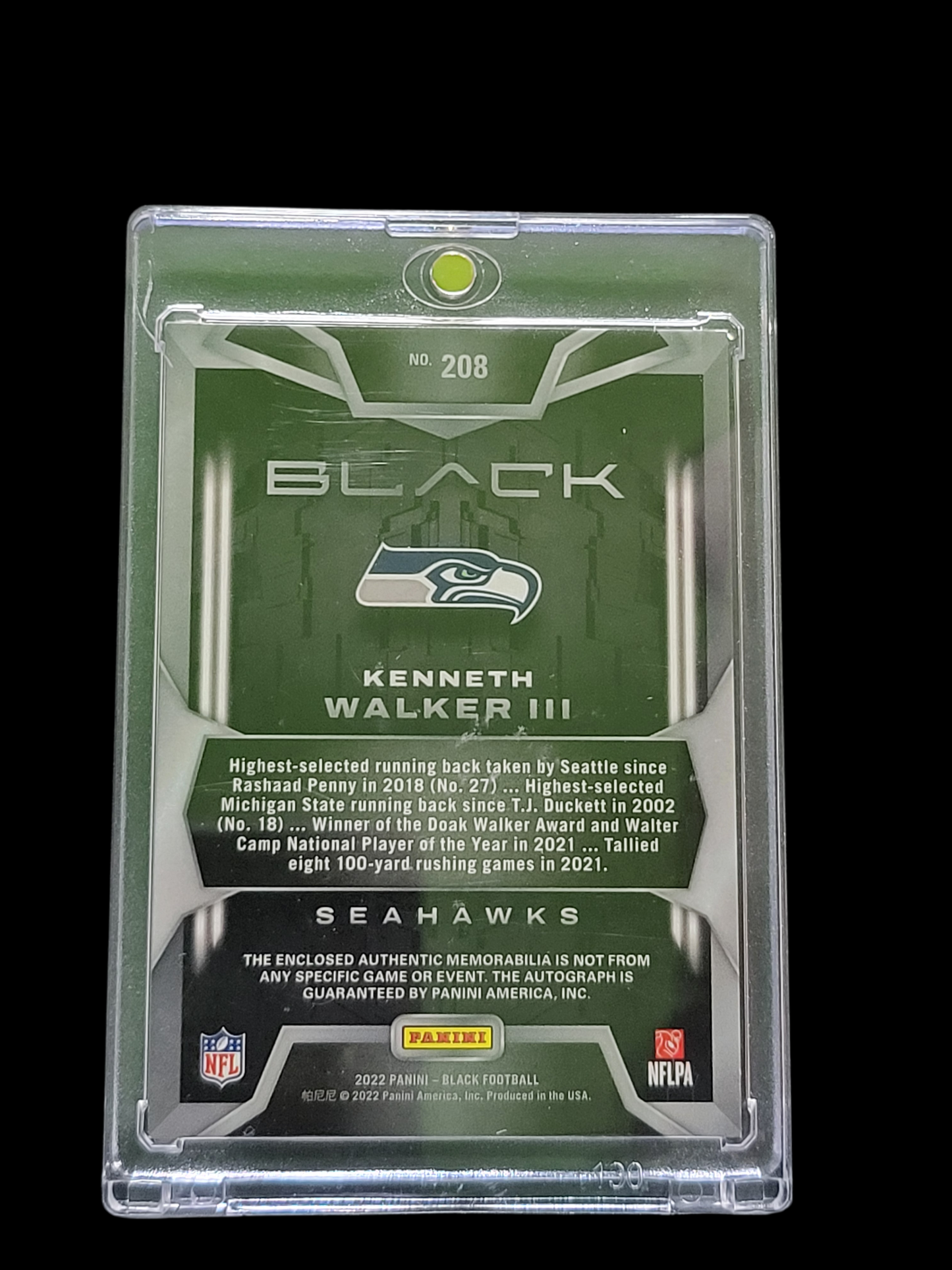 2022 Panini Black Kenneth Walker III #208 Patch 149/199 RC