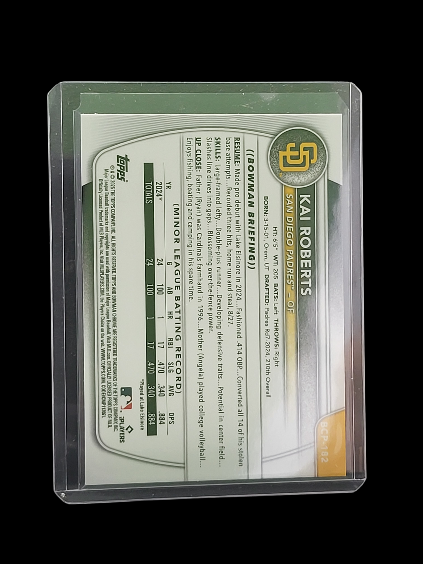 2025 Bowman Chrome Kai Roberts #BCP-182 Green RayWave Refractor 8/27.