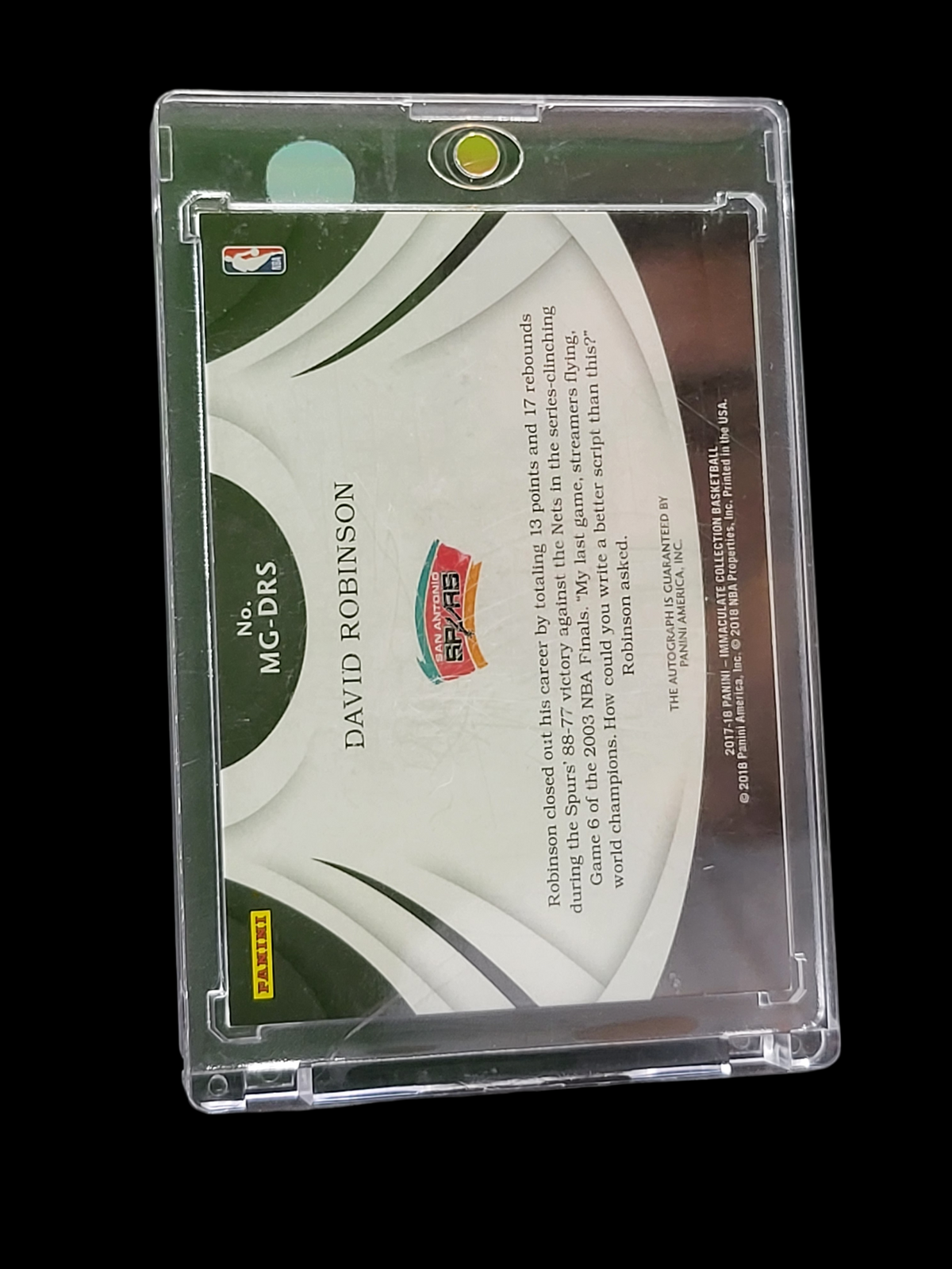2018 Panini Immaculate Collection Marks of Greatness David Robinson #MG-DRS