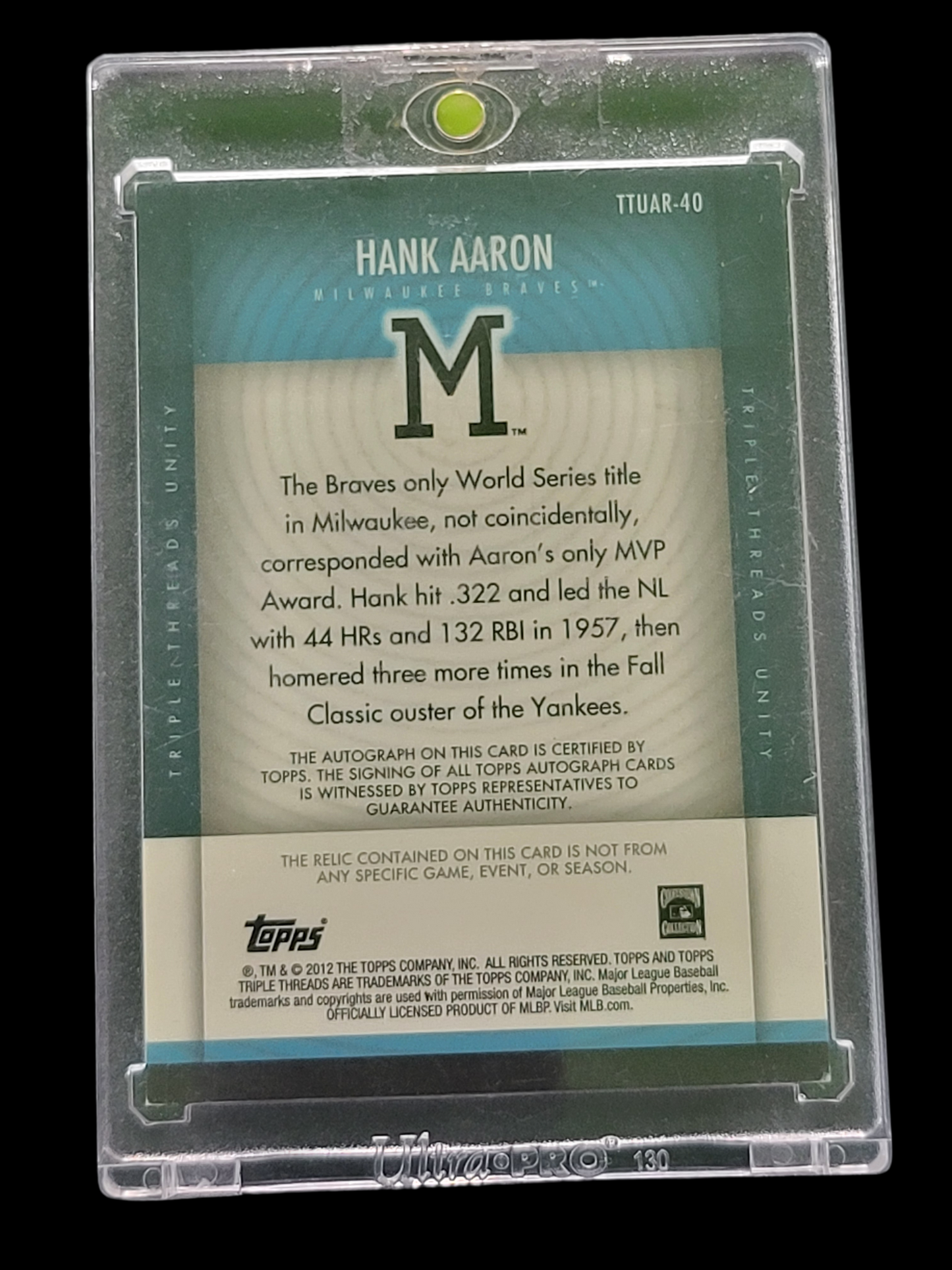 2012 Topps Triple Hank Aaron TTUAR-40 Topps Certified Auto Memorabilia Game-Used