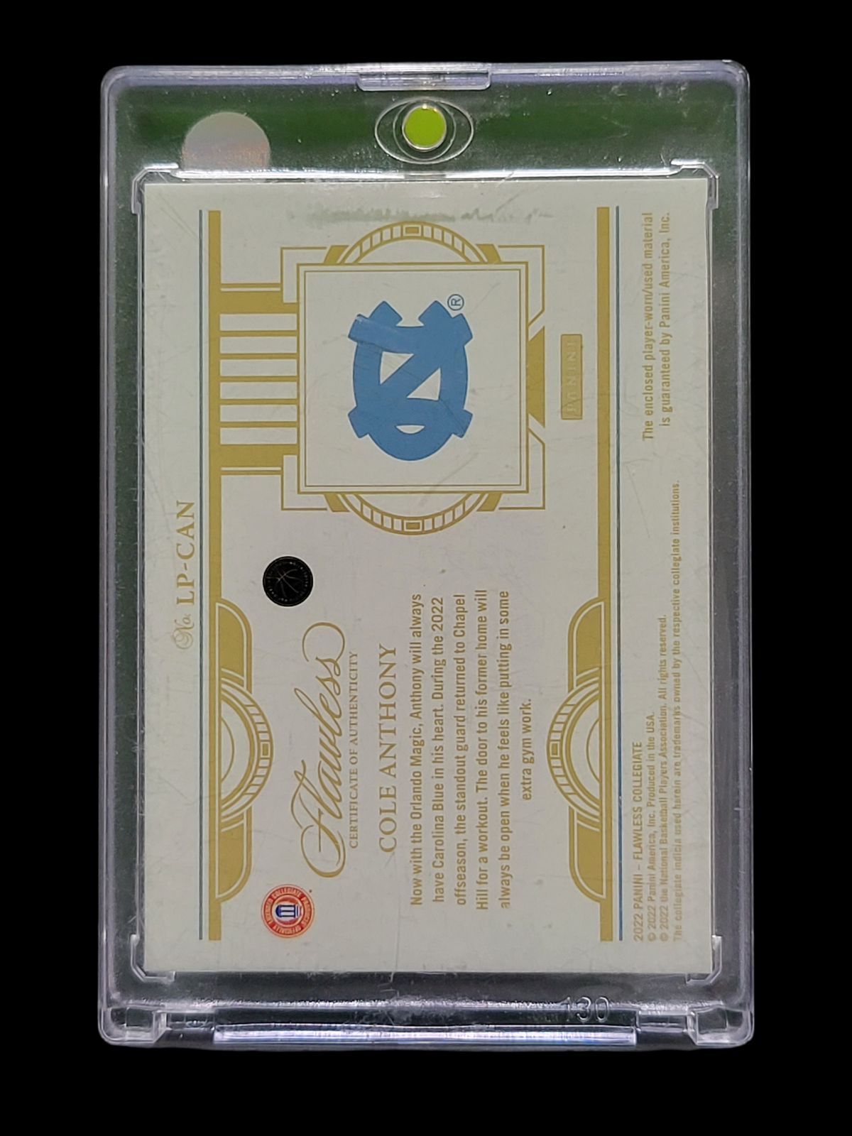 2022 Panini Flawless Collegiate Cole Anthony #LP-CAN Laundry Tag Patch 1/1
