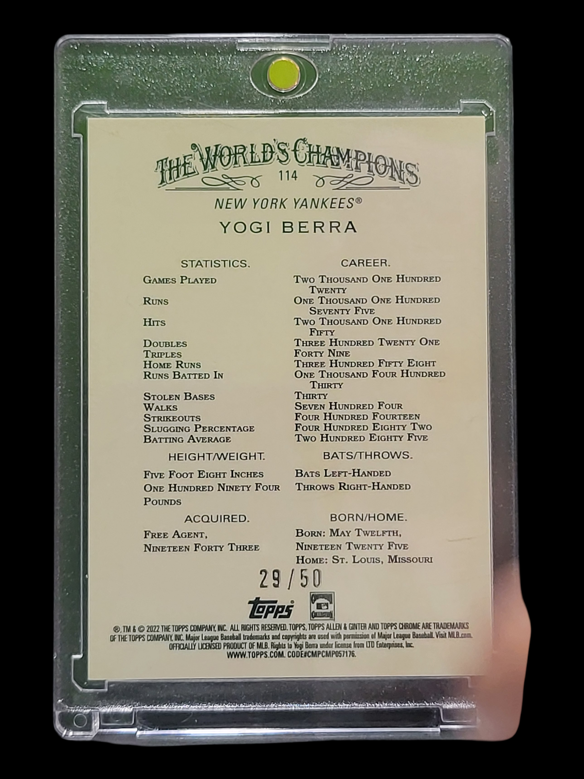 2022 Topps Allen & Ginter Chrome Yogi Berra #114 Gold Refractor