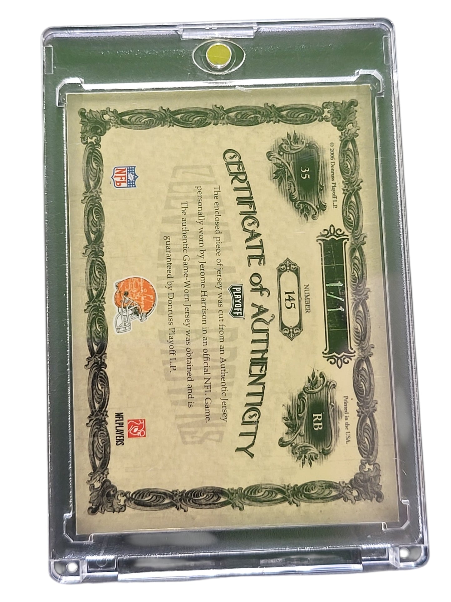 2006 Donruss Playoff National Treasures Jerome Harrison #145 1/1 -Worn ID Tag