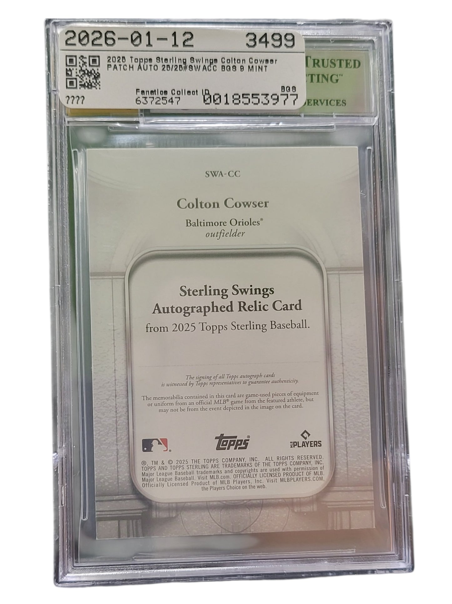 2025 Topps Sterling Sterling Swings Autograph Relics Colton Cowser #SWACC BGS 9 Auto 10