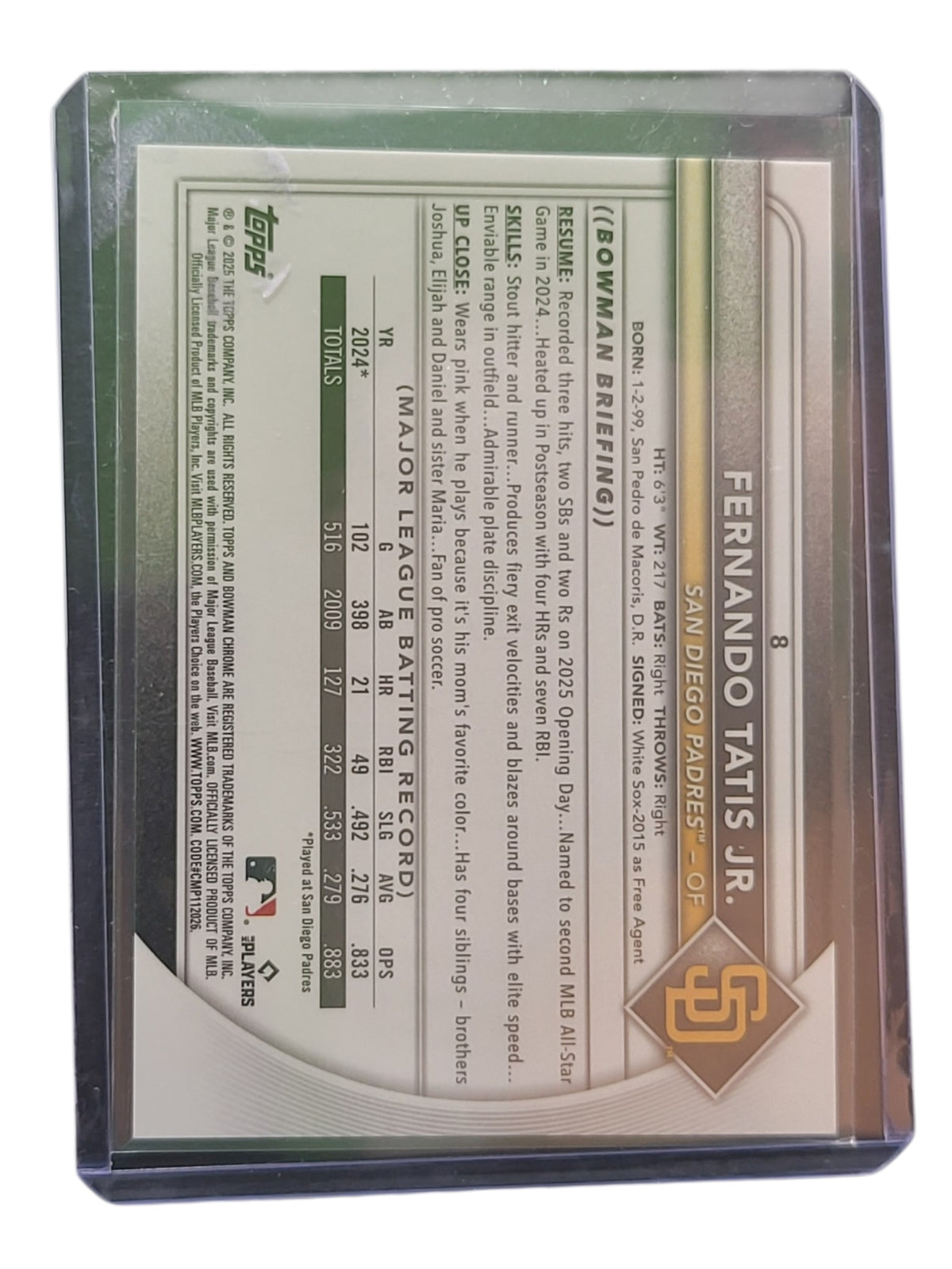 2025 Bowman Chrome Fernando Tatis Jr. #8 Orange Sapphire 21/25