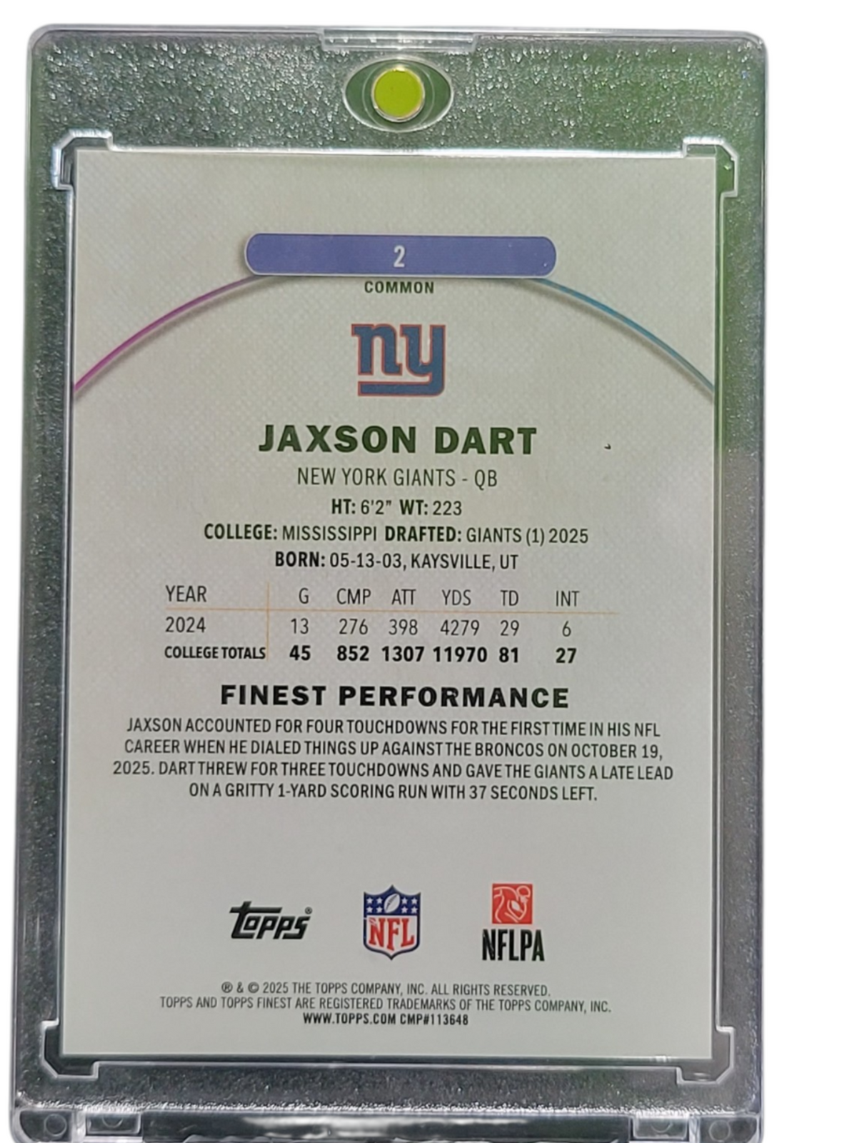 2025 Topps Finest Jaxson Dart #2 Orange Refractor RC 13/25