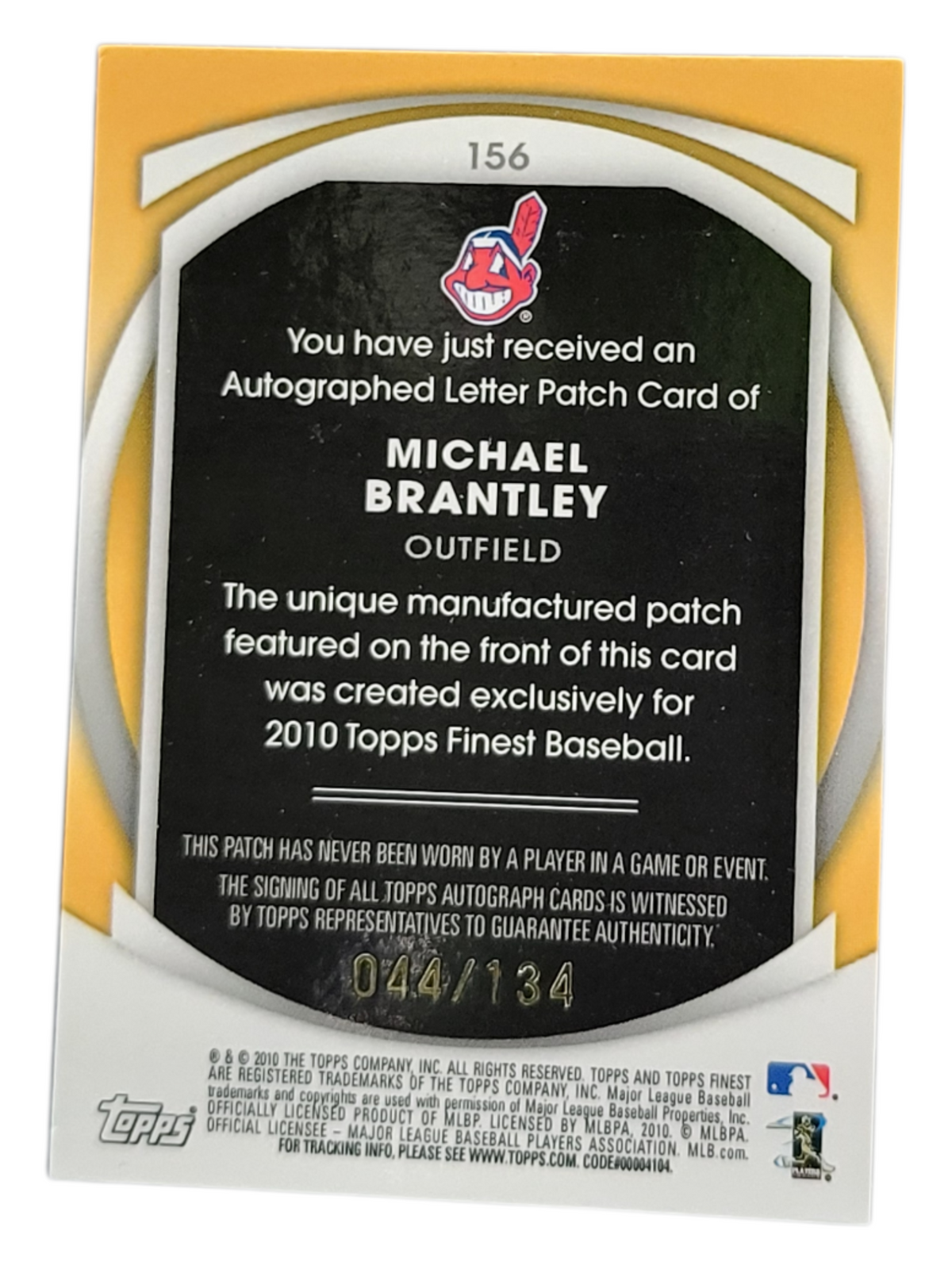 2010 Topps Finest Michael Brantley #156 Autographed Letter Patch 044/134 RC