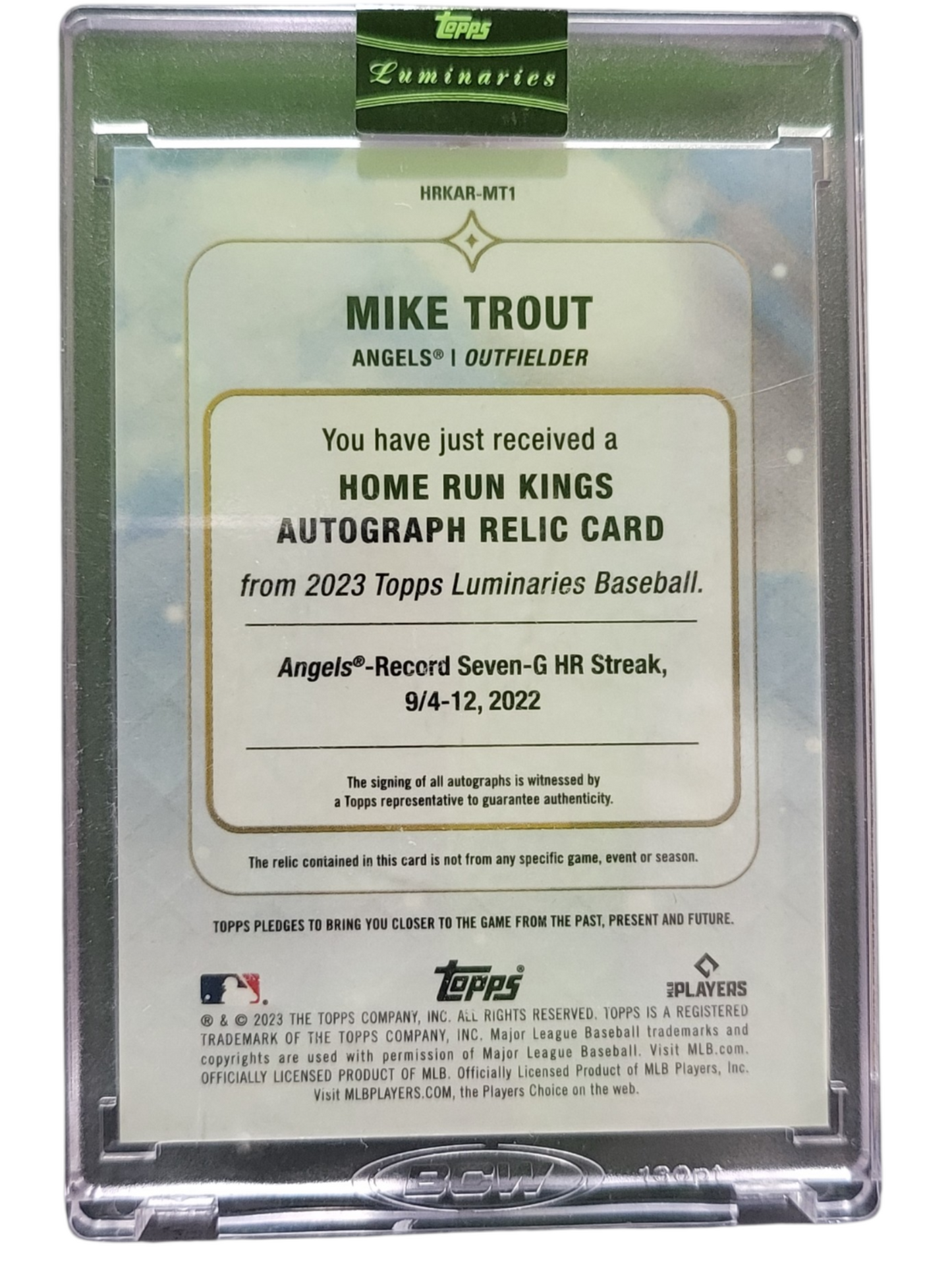 2023 Topps Mike Trout #HRKAR-MT1 Purple Home Run Kings Auto Relic Game-Used