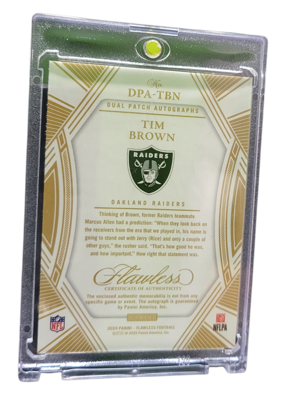 2025 Panini Flawless Tim Brown #DPA-TBN Dual Patch Autographs 24/25