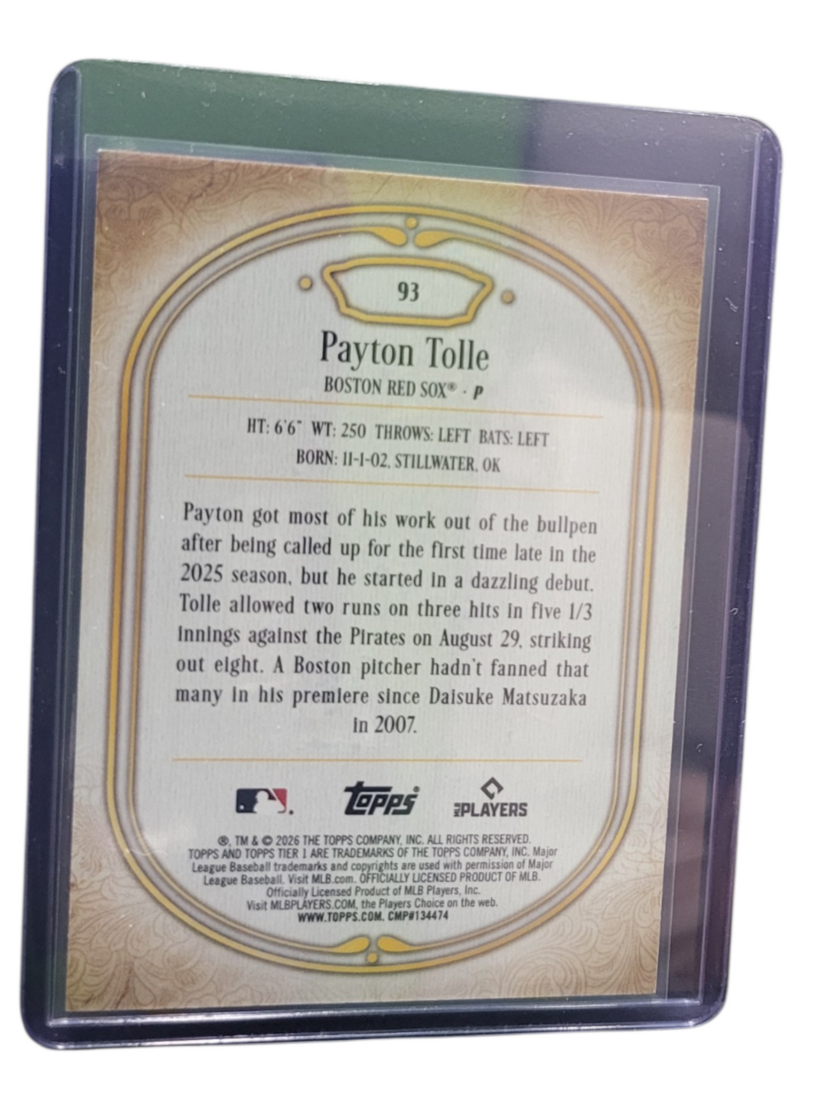 2026 Topps Tier One Payton Tolle #93 RC