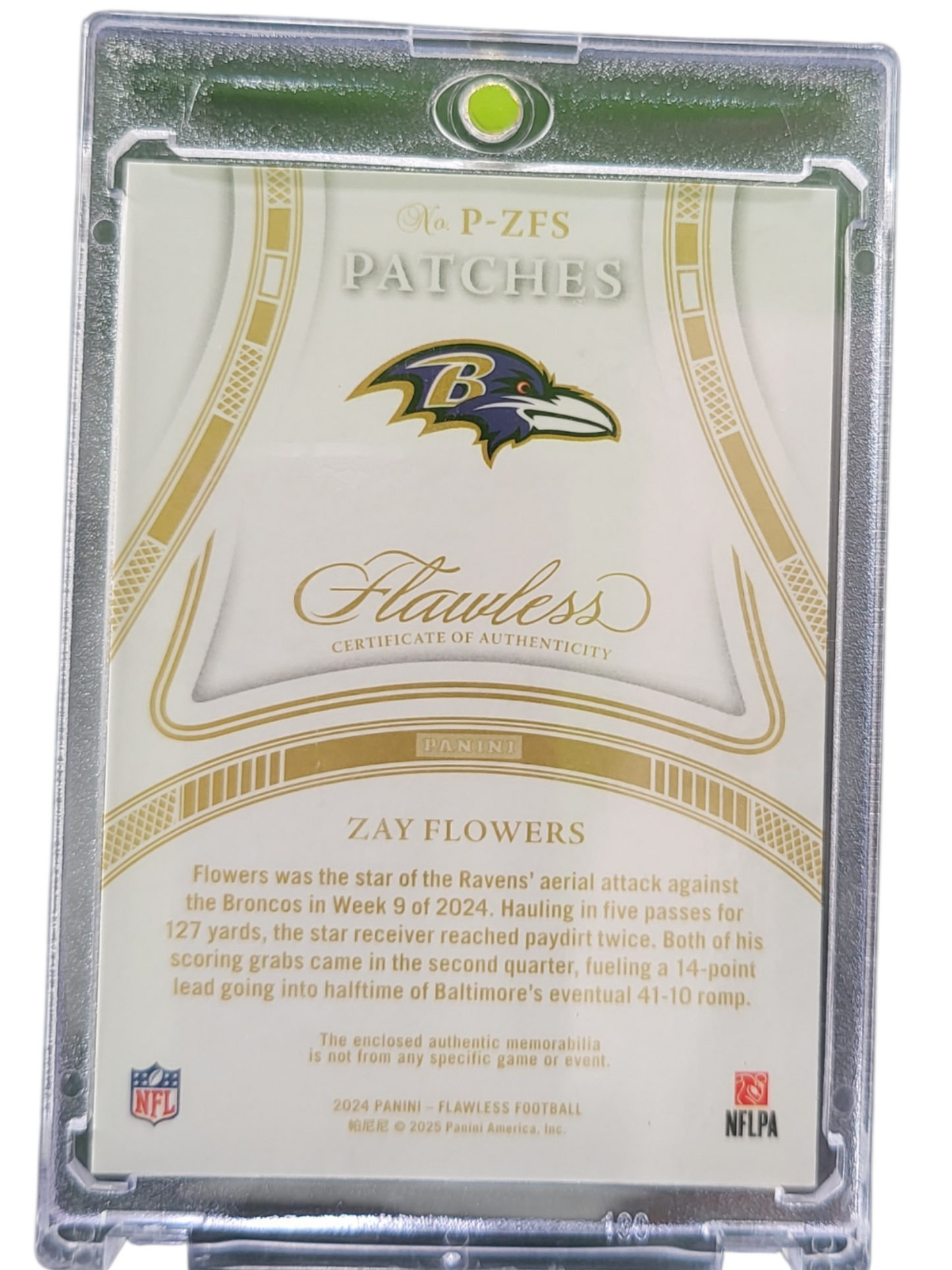 2025 Panini Flawless Football Zay Flowers #P-ZFS 17/20 Patch Memorabilia