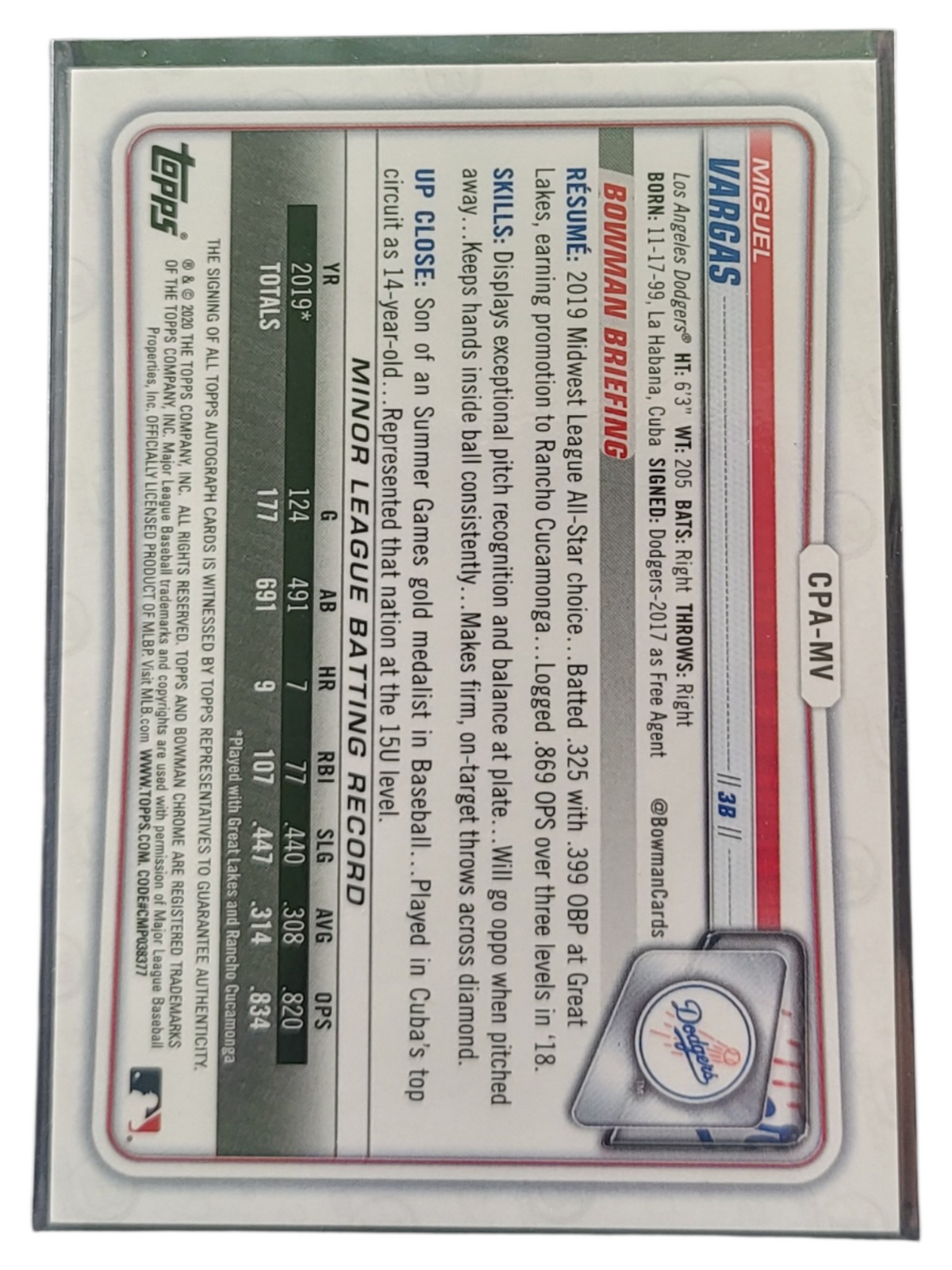 2020 Bowman Chrome Miguel Vargas #CPA-MV 1st Bowman