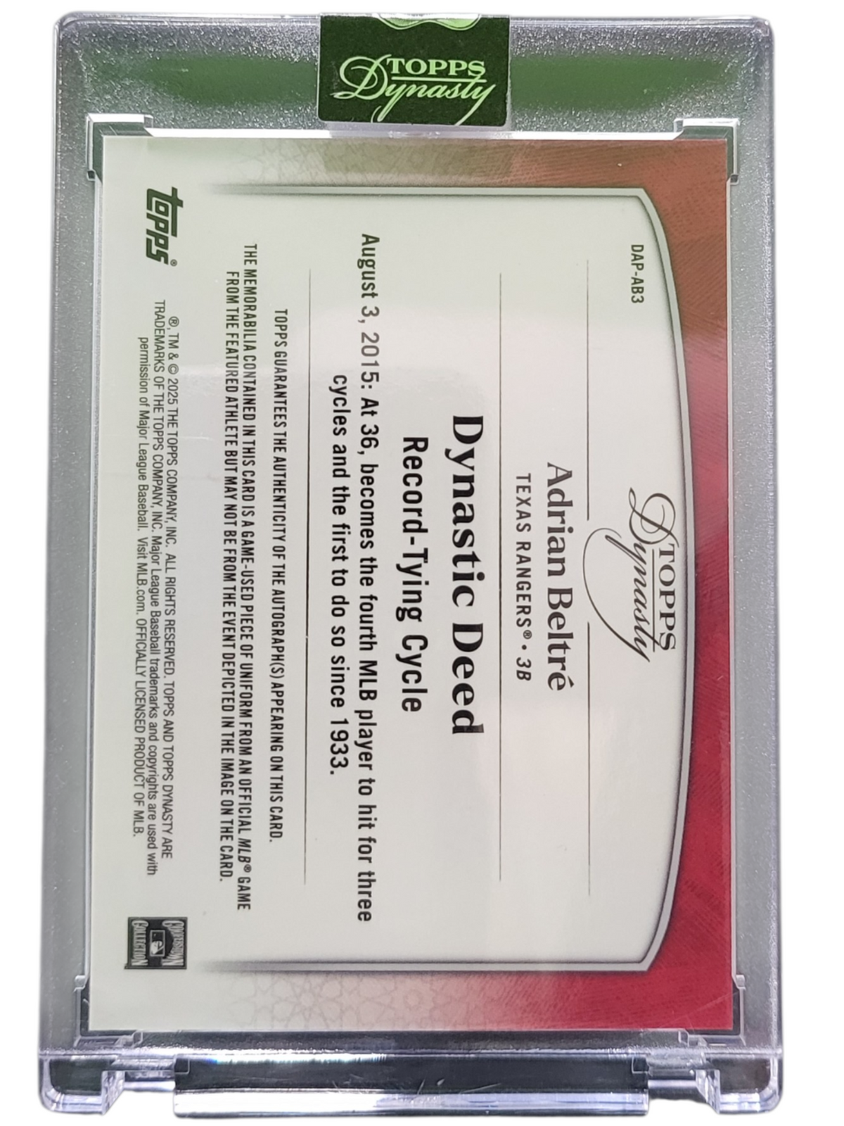 2025 Topps Dynasty Adrian Beltre #DAP-AB3 Autograph Patch 1/1 Memorabilia
