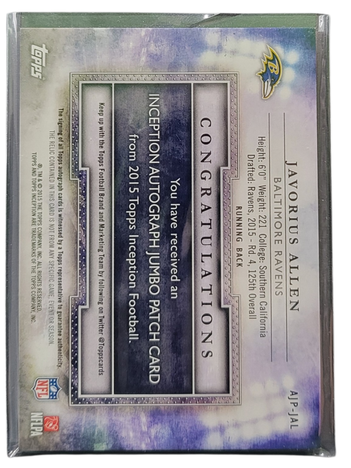 2015 Topps Inception Javorius Allen #AJP-JAL Autograph Patch RC Memorabilia