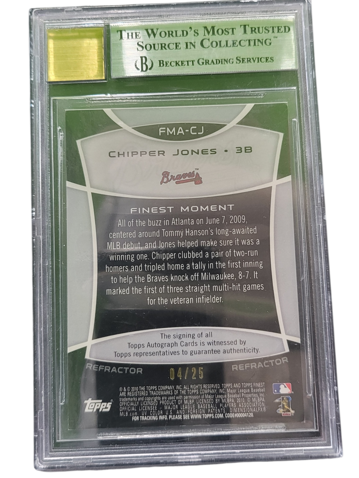2010 Finest Finest Moments Auto Refractors Red Chipper Jones #CJ BGS Auto 10