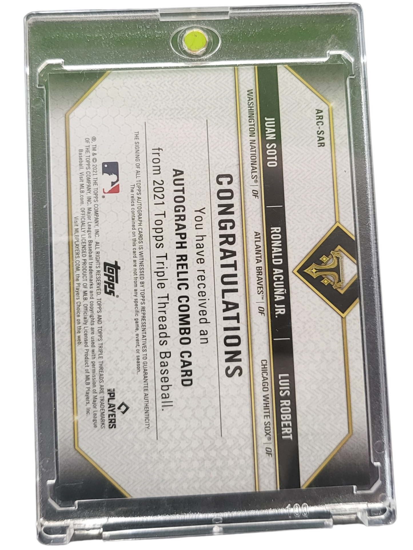 2021 Topps Luis Robert Juan Soto Ronald Acuña Jr. #ARC-SAR Auto Triple Relic /36