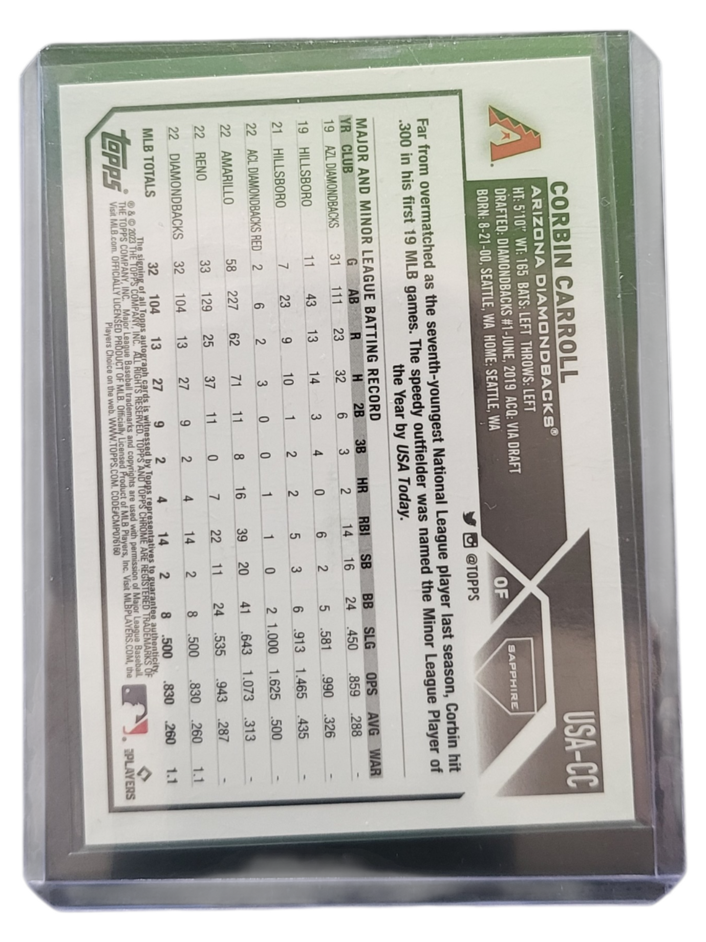 2023 Topps Chrome Sapphire Edition Corbin Carroll #USA-CC Blue 050/199 RC