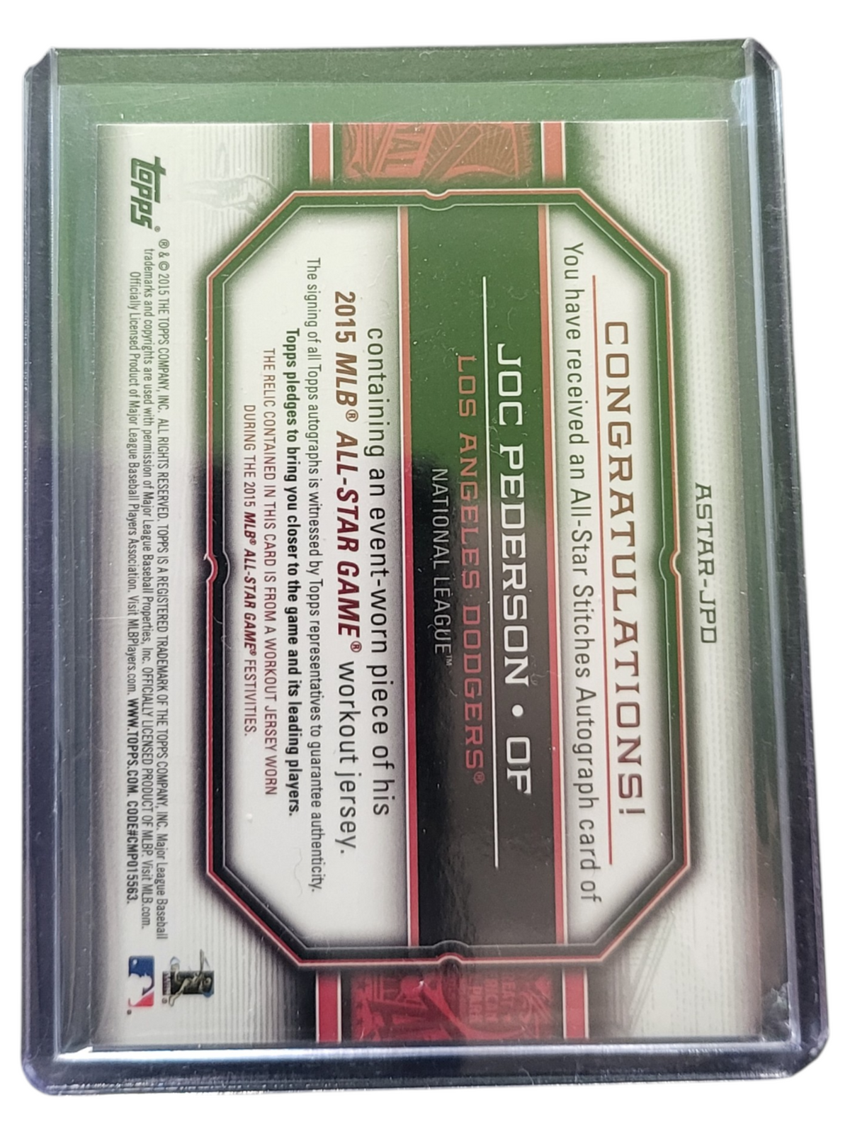 2015 Topps -Stitches Joc Pederson #ASTAR-JPD Event-Worn Jersey Autograph 05/25