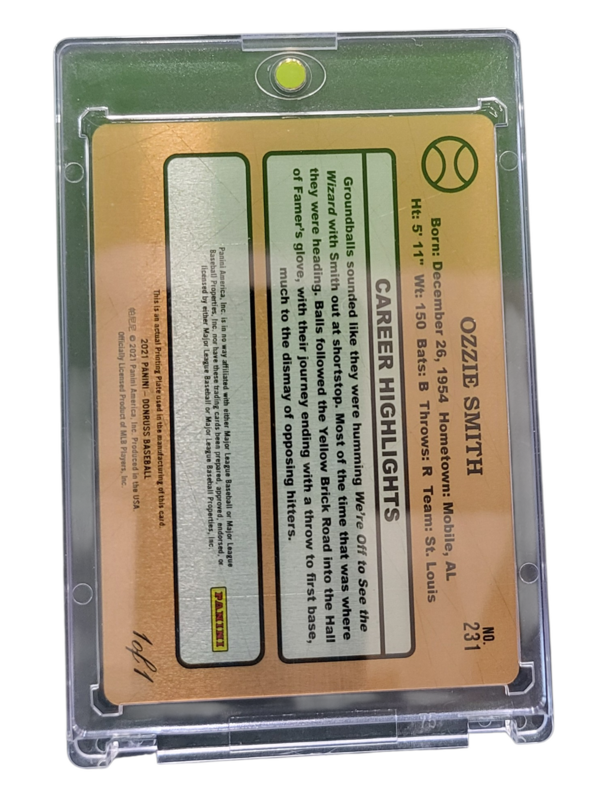 2021 Donruss Ozzie Smith #231 Yellow Printing Plate
