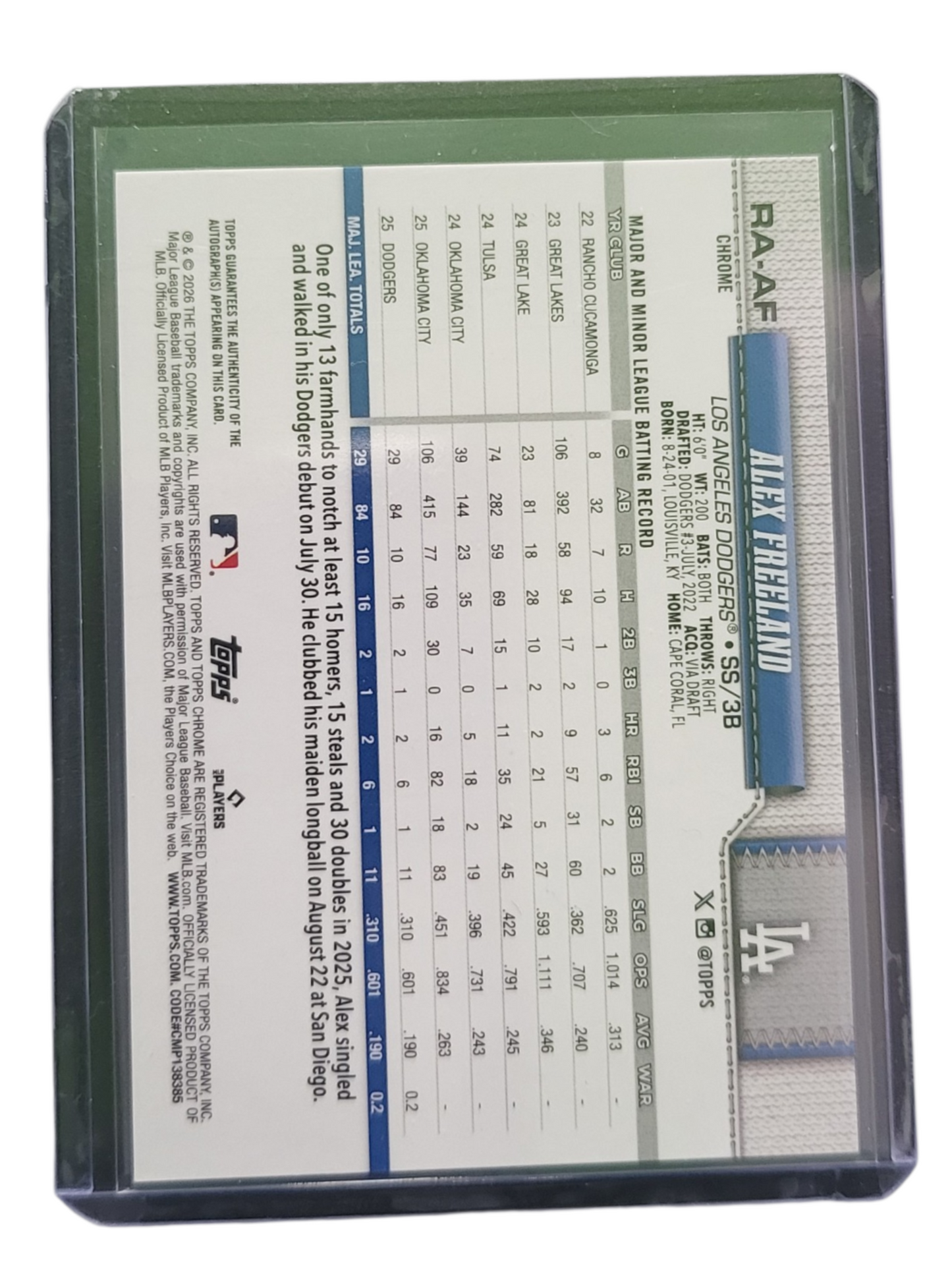 2026 Topps Chrome Alex Freeland #RA-AF Green RC