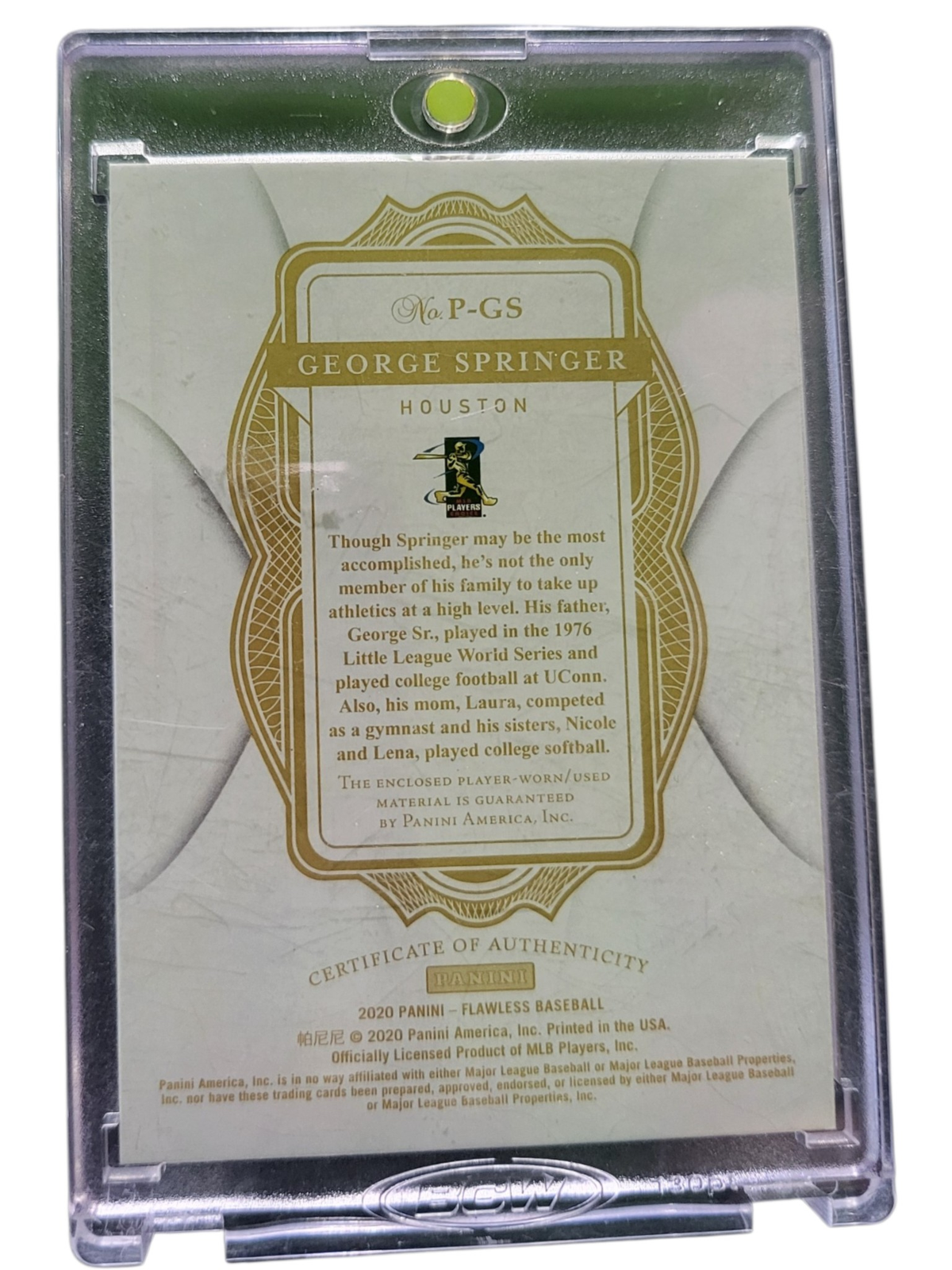 2020 Panini Flawless Baseball George Springer #P-GS One of One Patch Memorabilia