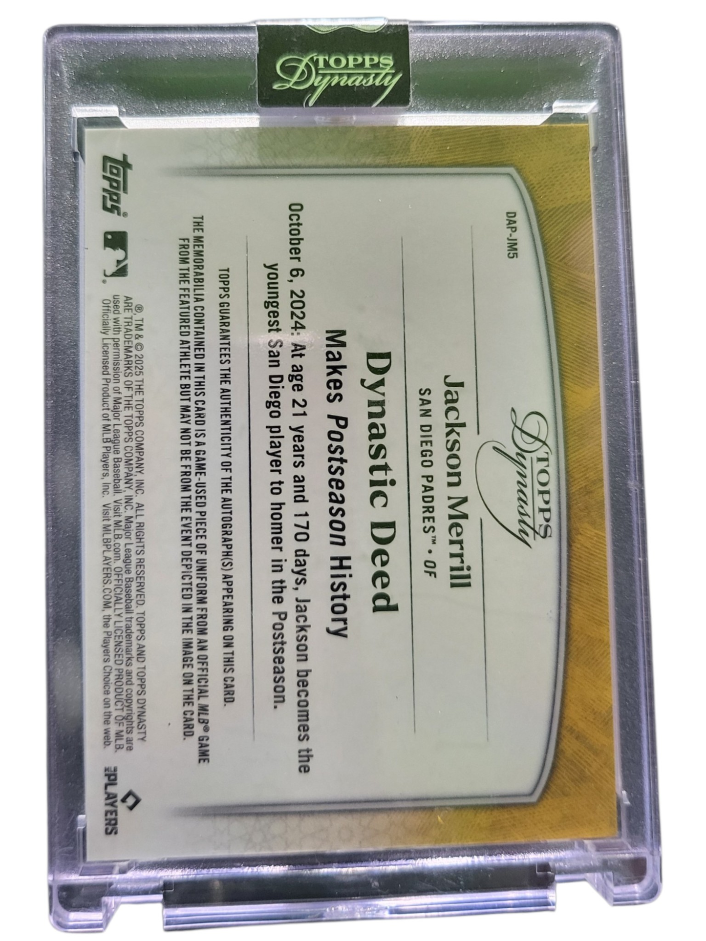 2025 Topps Dynasty Jackson Merrill #DAP-JM5 Autograph 05/10 Patch Game-Used Memo
