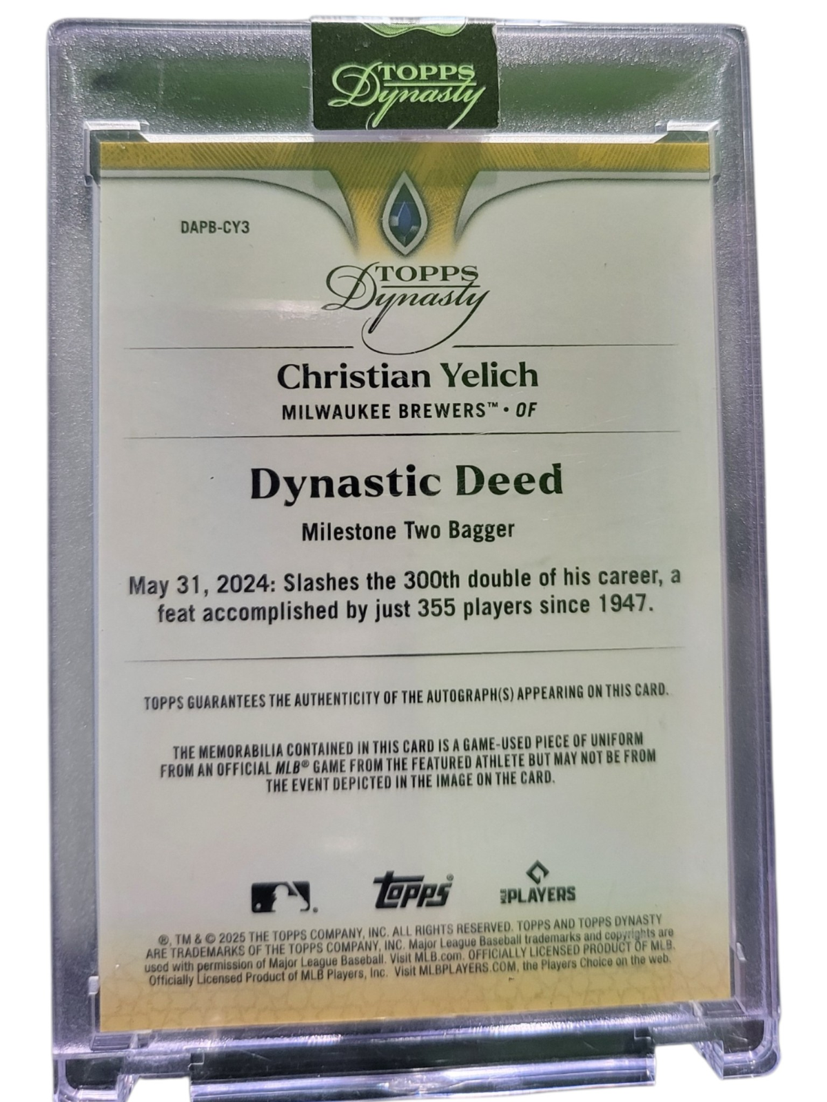 2025 Topps Dynasty Christian Yelich #DAPB-CY3 06/10 Patch Game-Used Memorabilia