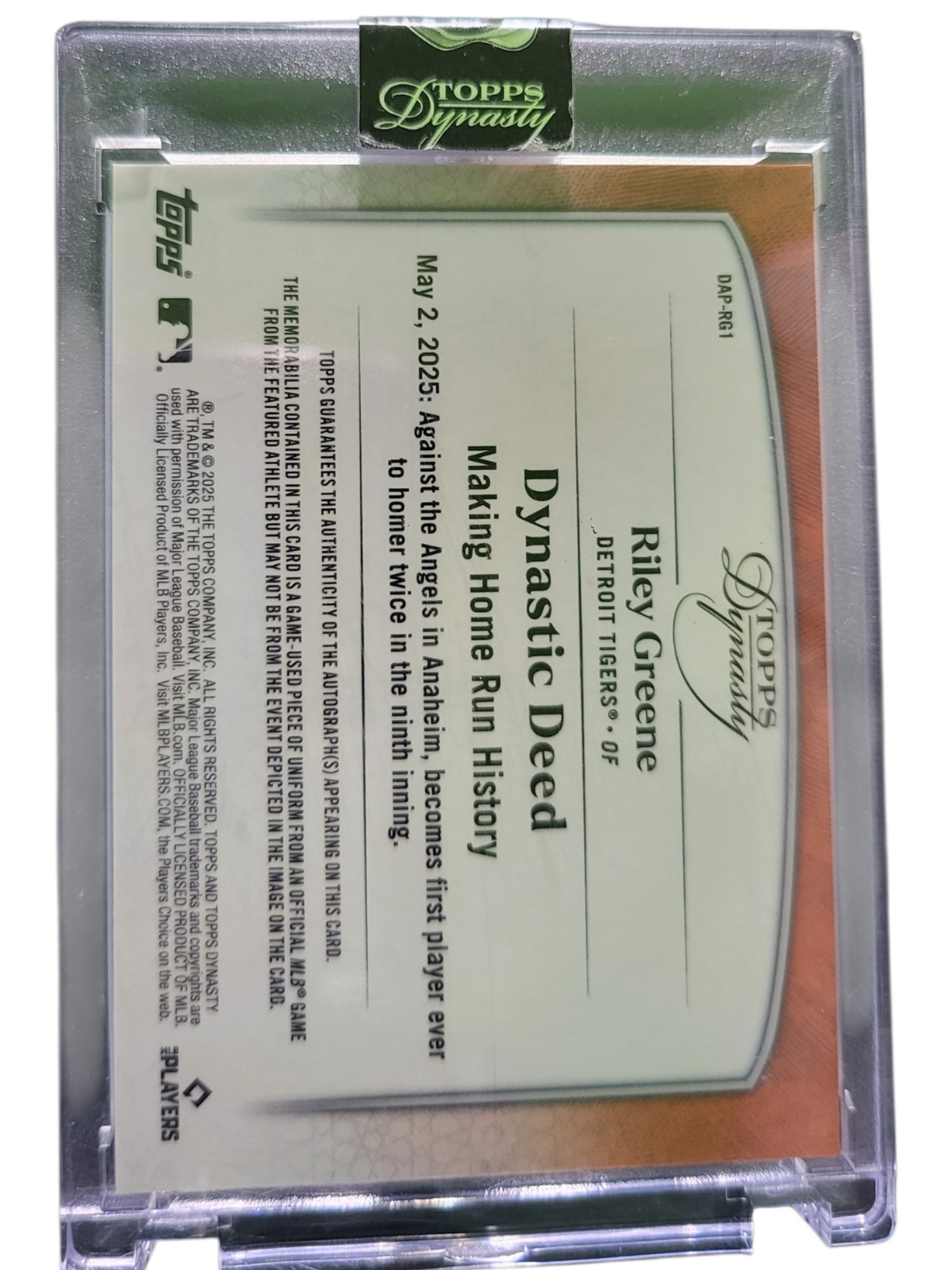 2025 Topps Dynasty Riley Greene #DAP-RG1 03/10 Patch Memorabilia