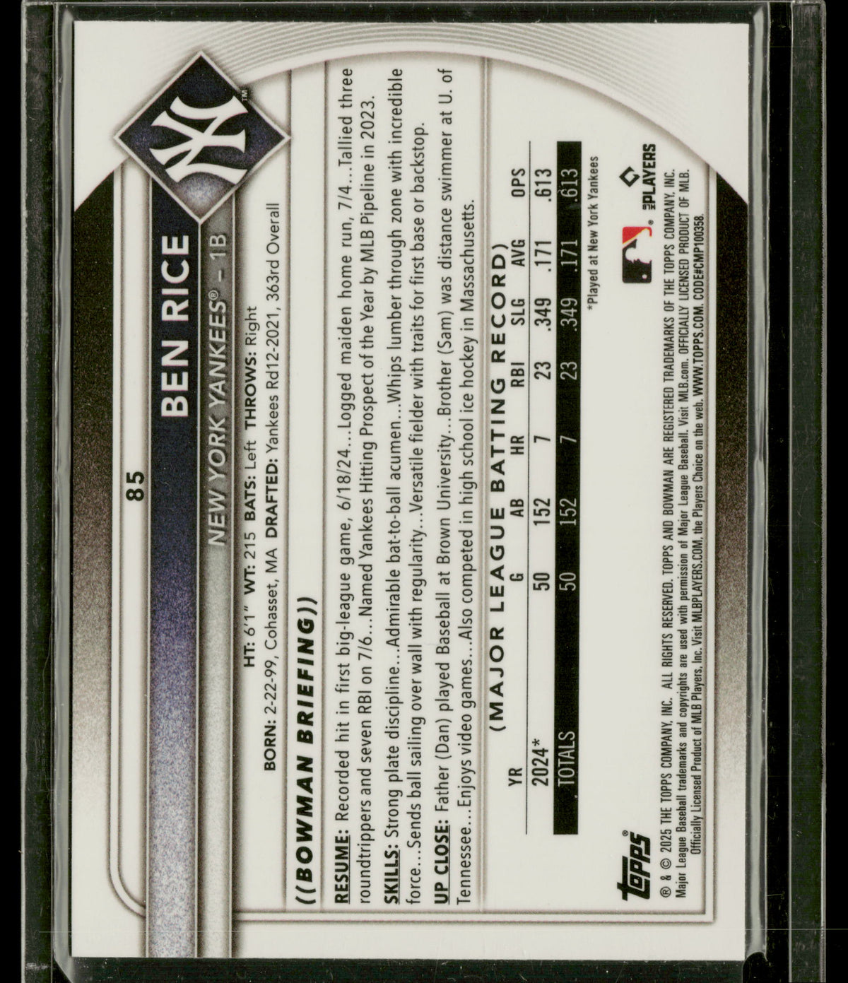 2025 Bowman Chrome Ben Rice #85 RC
