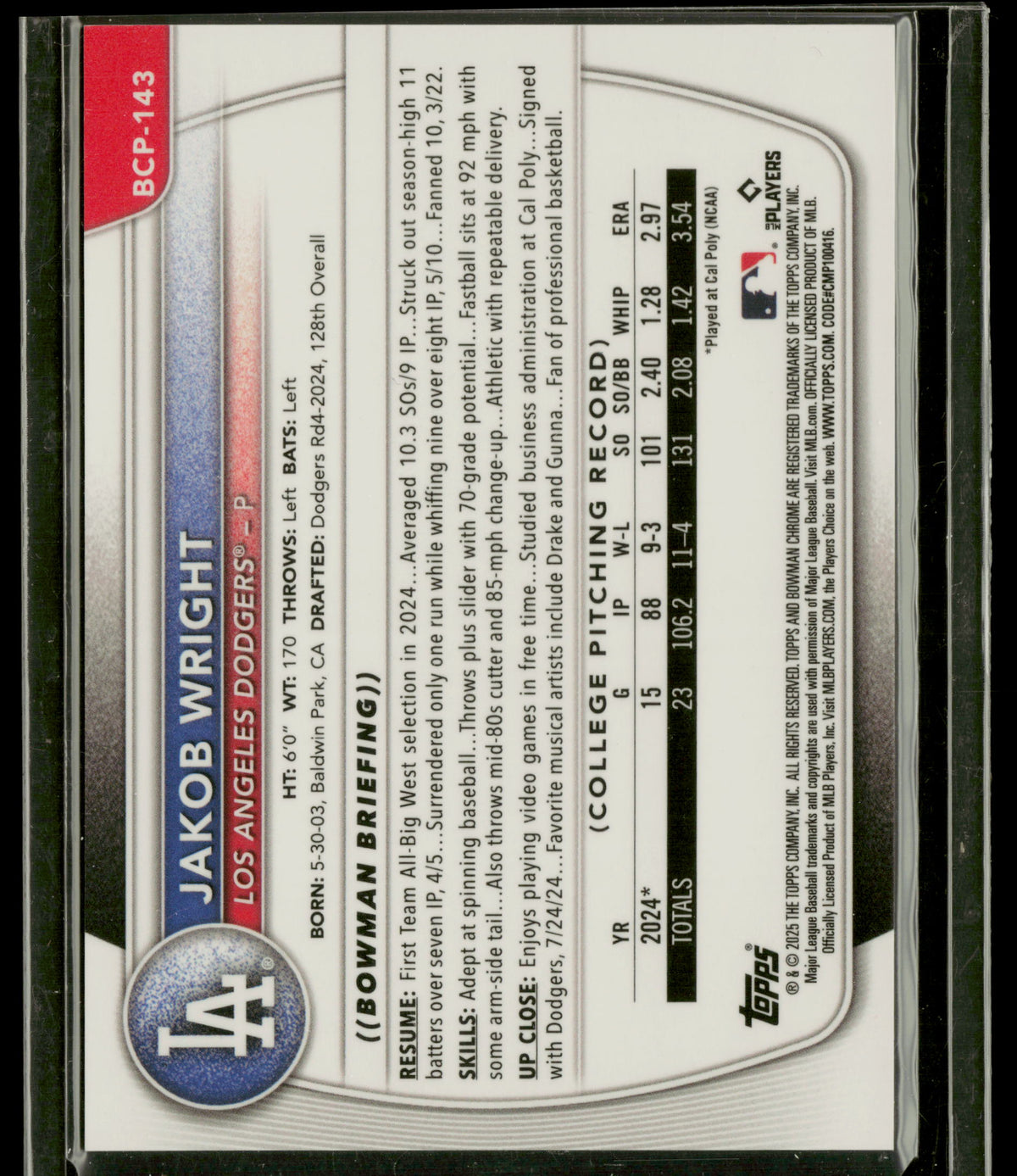 2025 Bowman Chrome Jakob Wright #BCP-143 Green Mini-Diamond Refractor 036/125