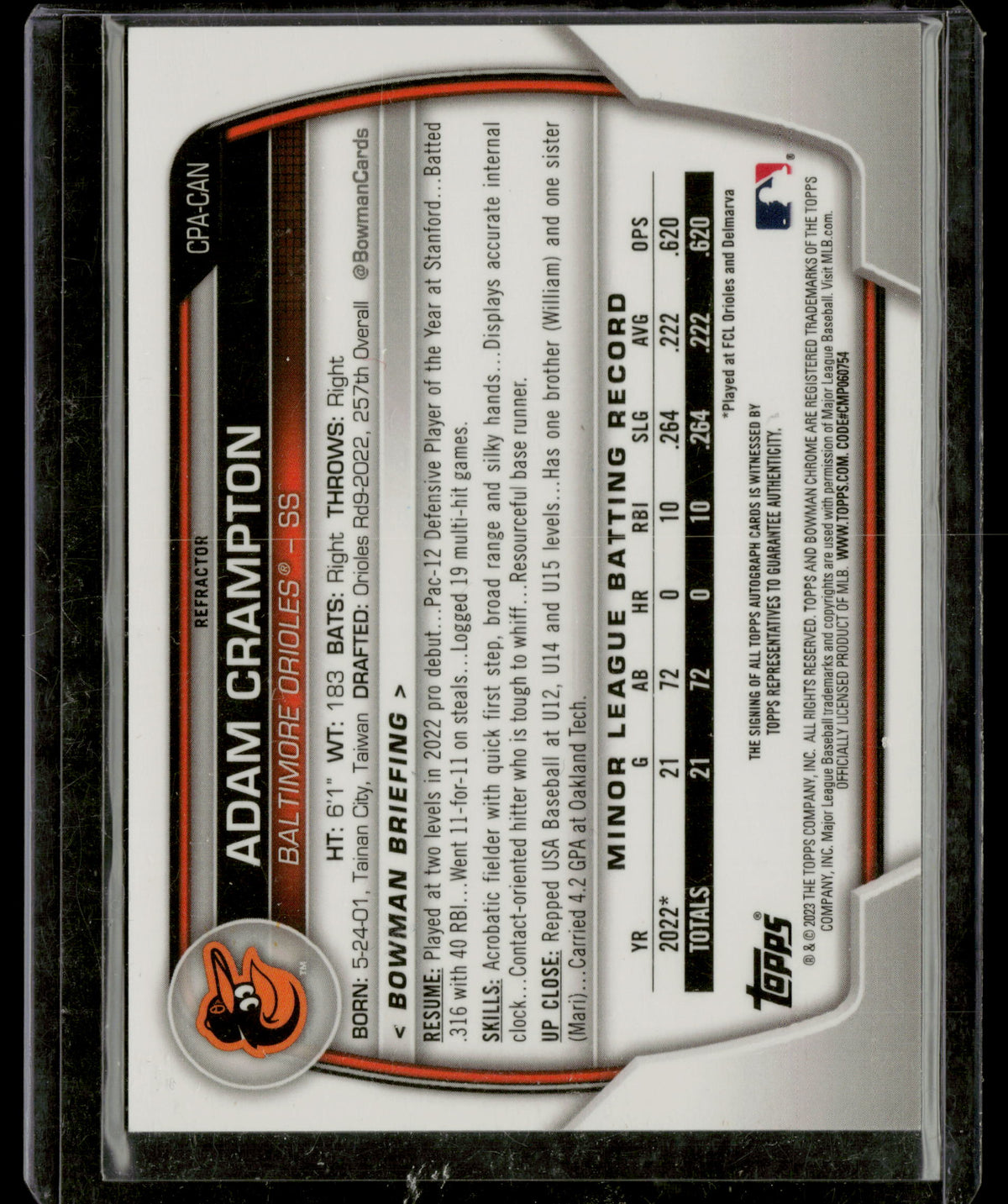 2023 Bowman Chrome Adam Crampton #CPA-CAN Refractor Autograph