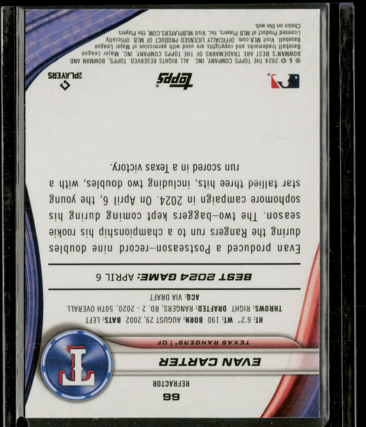 2024 Bowman's Best Evan Carter #66 Refractor RC