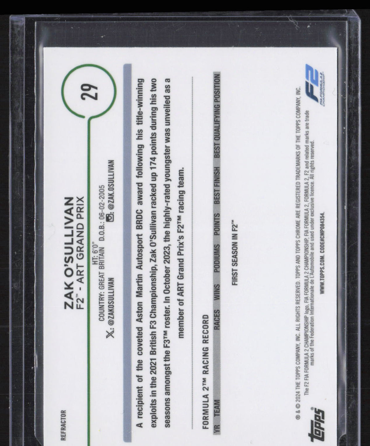 2024 Topps Chrome Formula 1 Zak O'Sullivan #29 Refractor