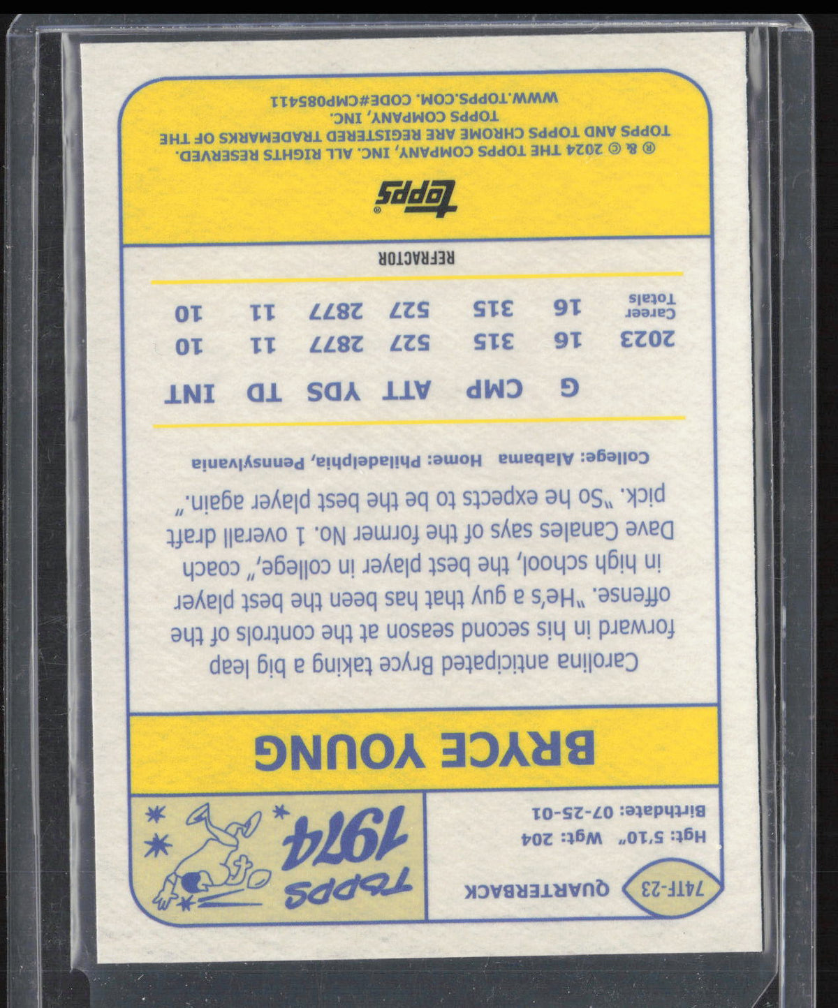 2024 Topps Chrome 1974 Topps Football Bryce Young #74TF-23 Refractor