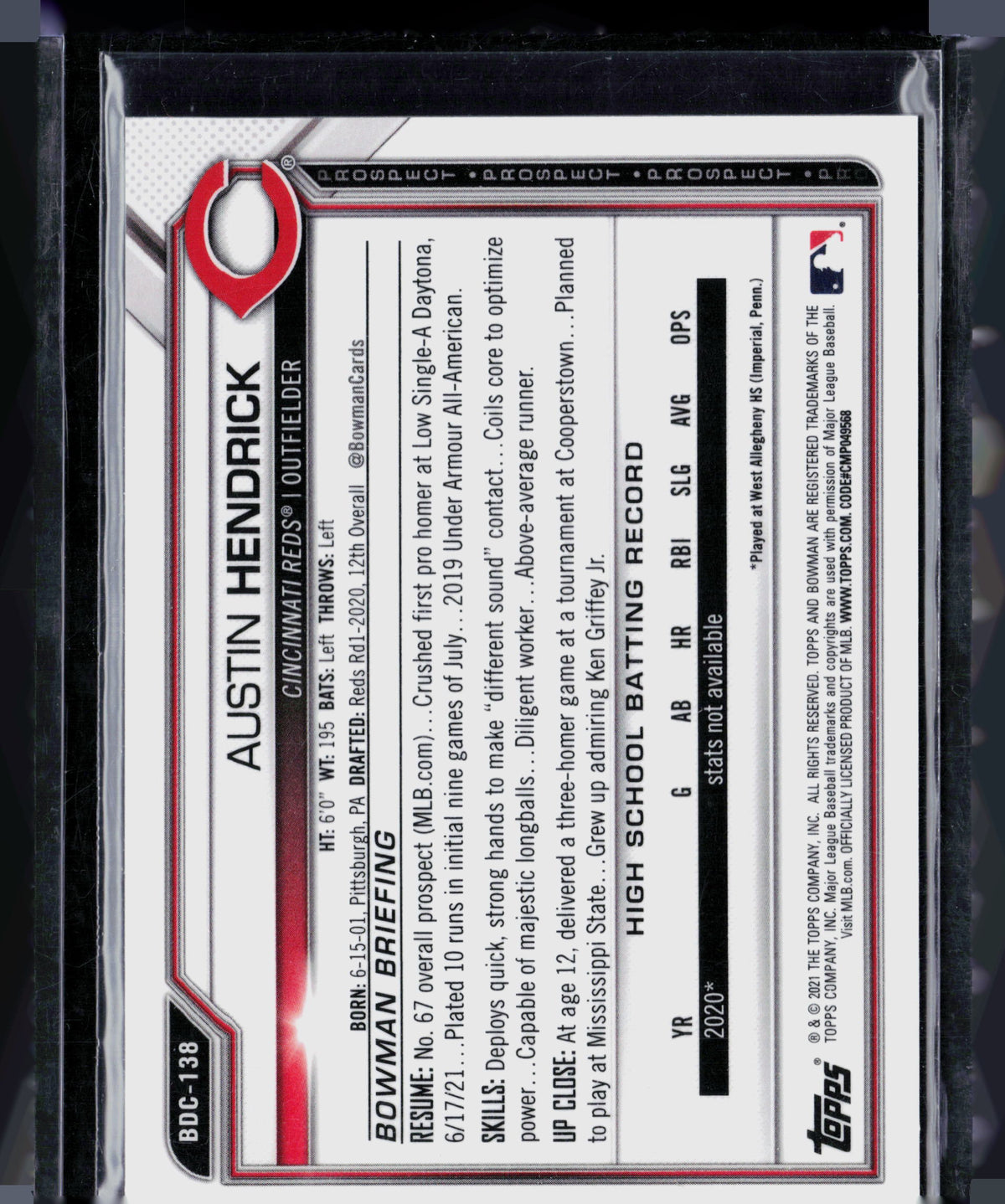 2021 Bowman Draft Chrome Austin Hendrick #BDC-138 Aqua Refractor 160/199