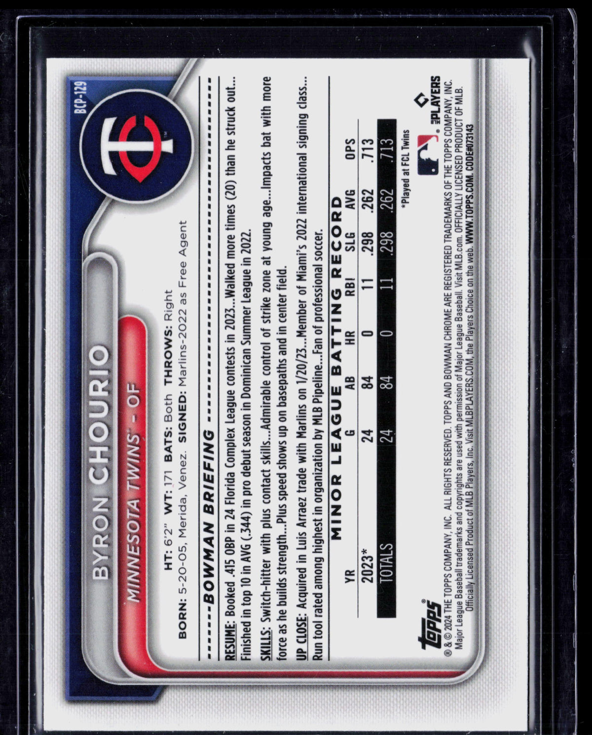 2024 Bowman Chrome Byron Chourio #BCP-129 Green Shimmer