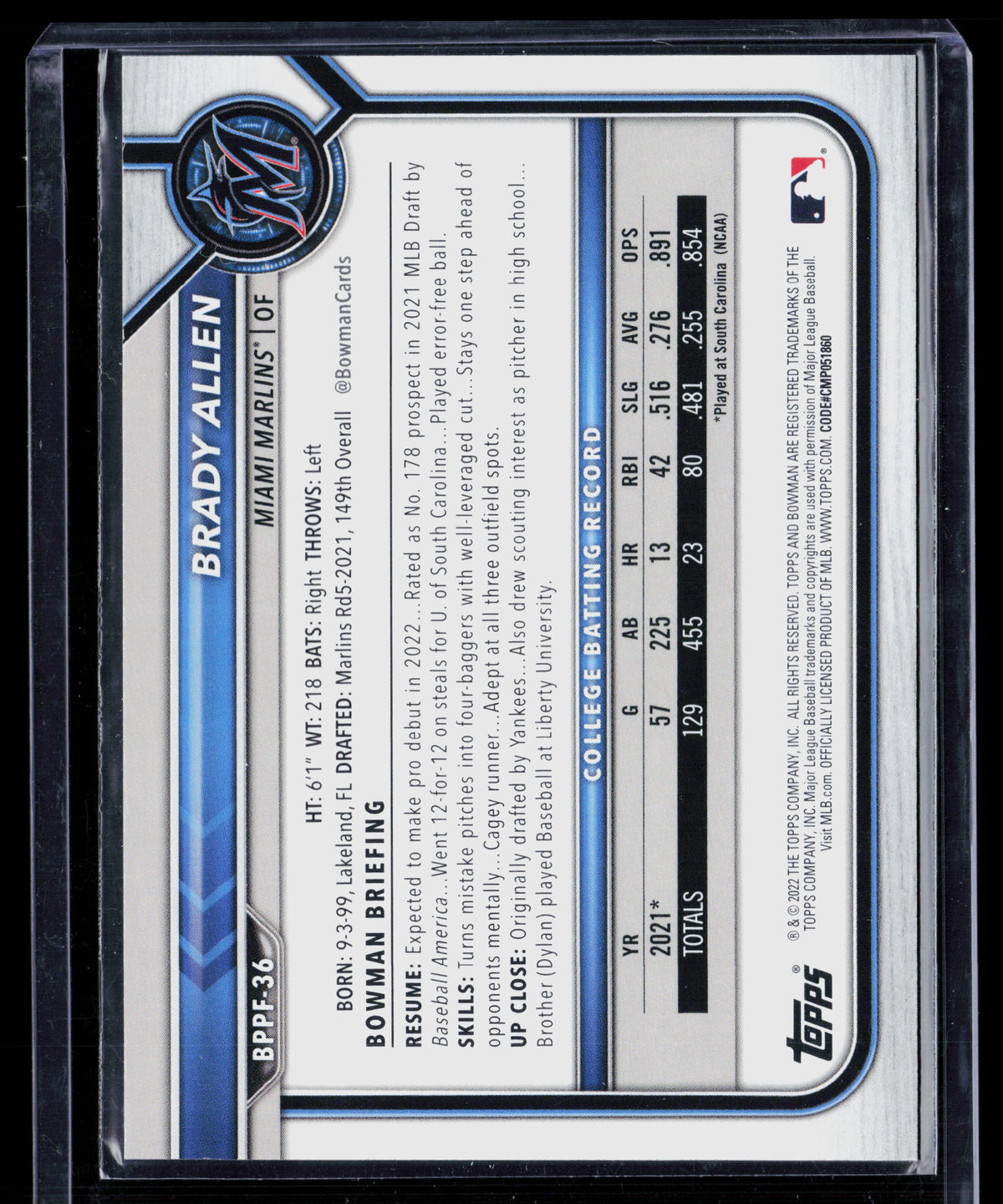2022 Bowman Prospects 1st Edition Brady Allen #BPPF-36 Sky Blue