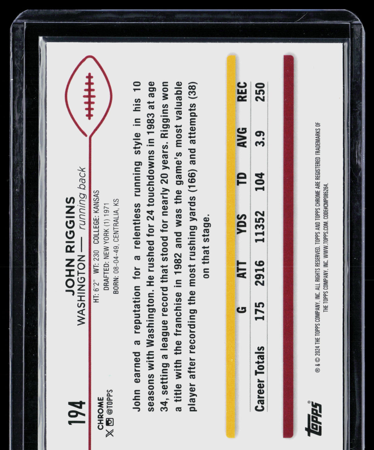 2024 Topps Chrome John Riggins #194 Pink 074/399