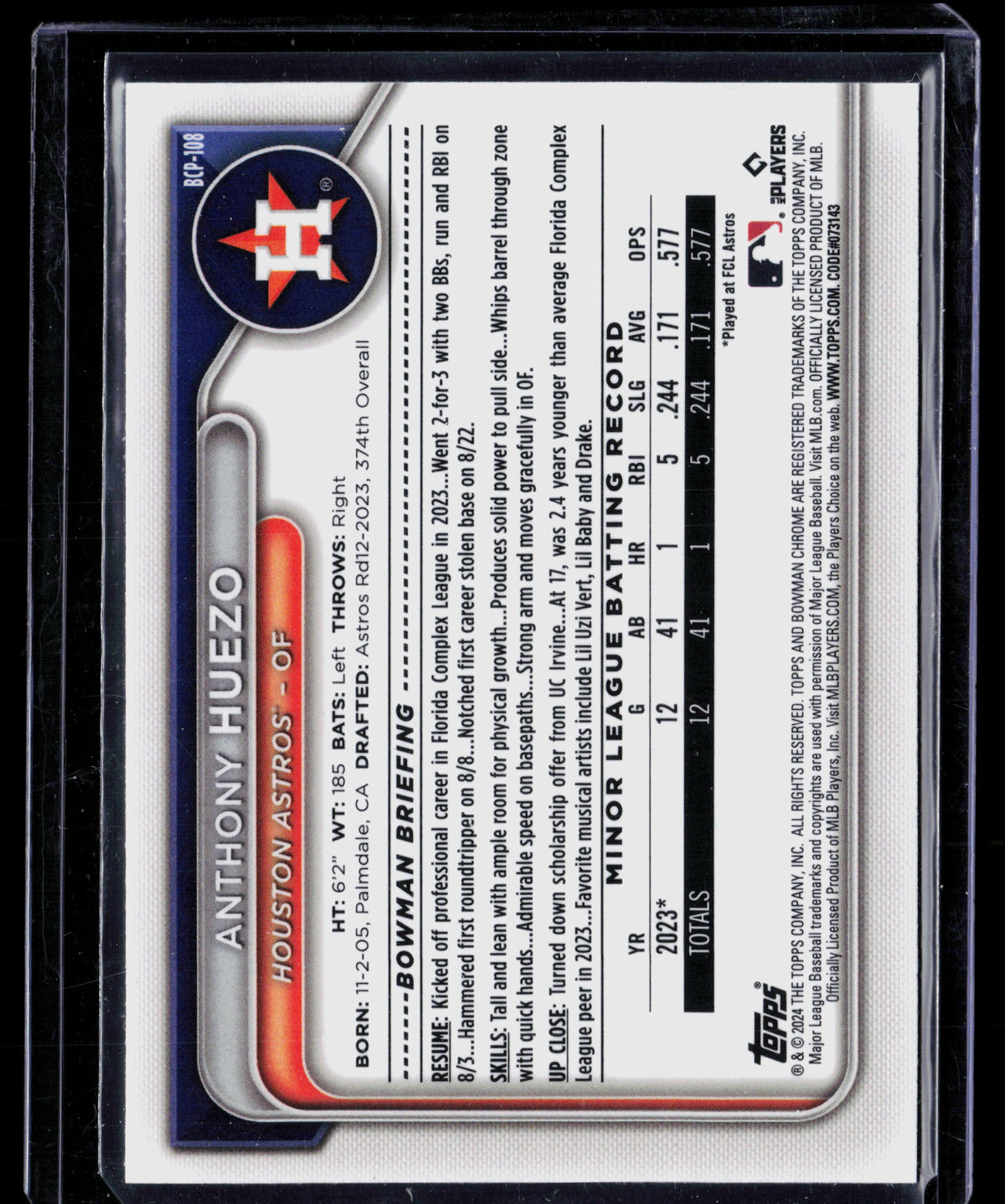 2024 Bowman Chrome Anthony Huezo #BCP-106 Speckle Refractor