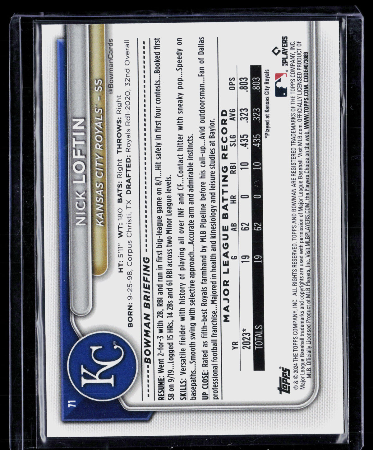 2024 Bowman Nick Loftin #71 Blue RC